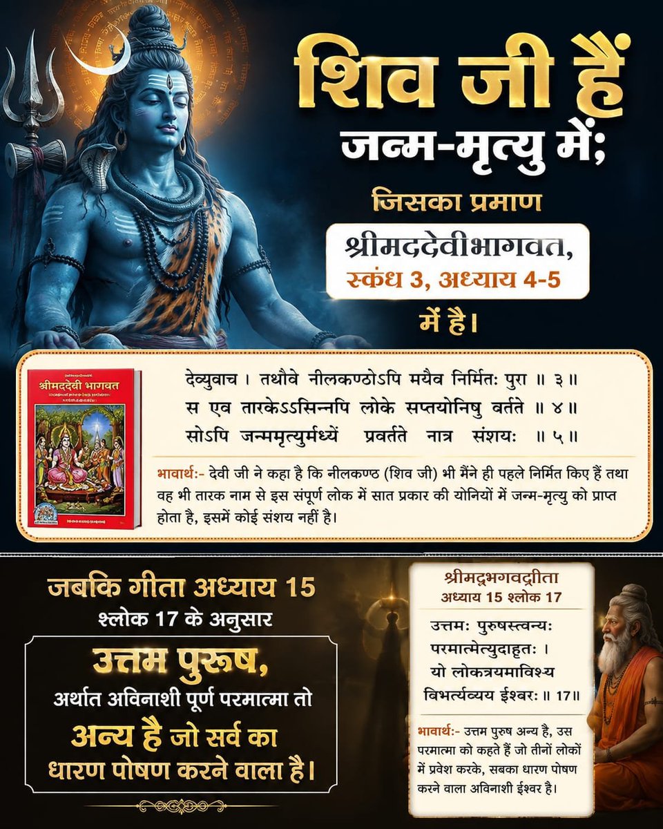 Dinesh9720's tweet photo. #शिवजी_की_सत_साधना_करो

शिव जी हैं जन्म-मृत्यु में; जिसका प्रमाण श्रीमद्देवीभागवत, स्कंध 3, अध्याय 4-5 में है। जबकि गीता अध्याय 15 श्लोक 17 के अनुसार उत्तम पुरुष, अर्थात अविनाशी पूर्ण परमात्मा तो अन्य है जो सर्व का धारण पोषण करने वाला है।

Gudda Guddi ka Khel Band Karo https://t.co/huc7VVPcwI