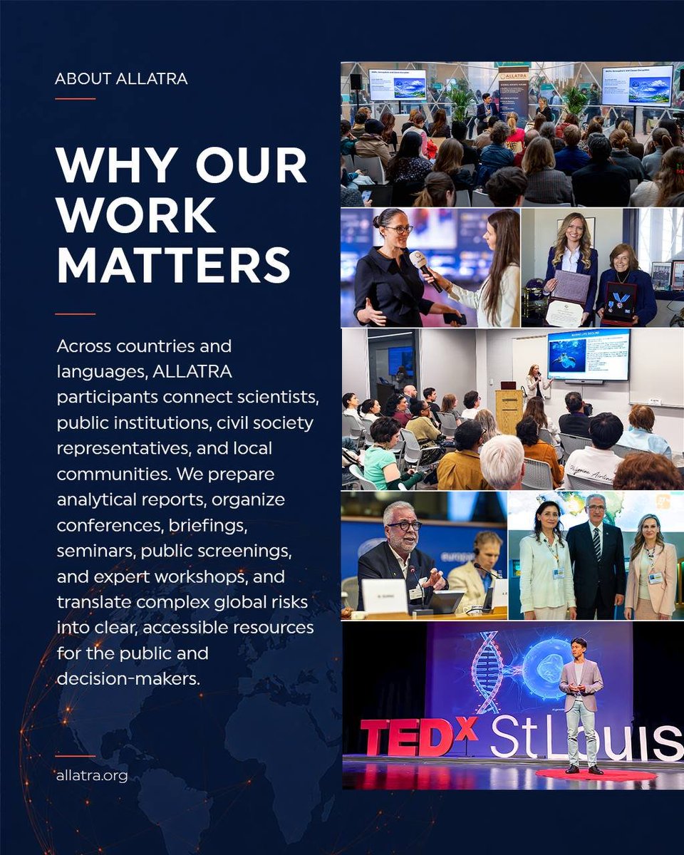 allatra_org's tweet photo. WHY OUR WORK MATTERS

Global challenges often involve multiple interconnected factors and can affect the environment, ecosystems, and human health.

ALLATRA works to:

• study global risks through research and analysis;
• communicate scientific information and research findings to broader audiences;
• engage with scientists, institutions, and communities on global challenges.

Research, public awareness, and cooperation are important components of ALLATRA’s activities.

To learn more, visit https://t.co/1KTbir3ntV 
#allatra