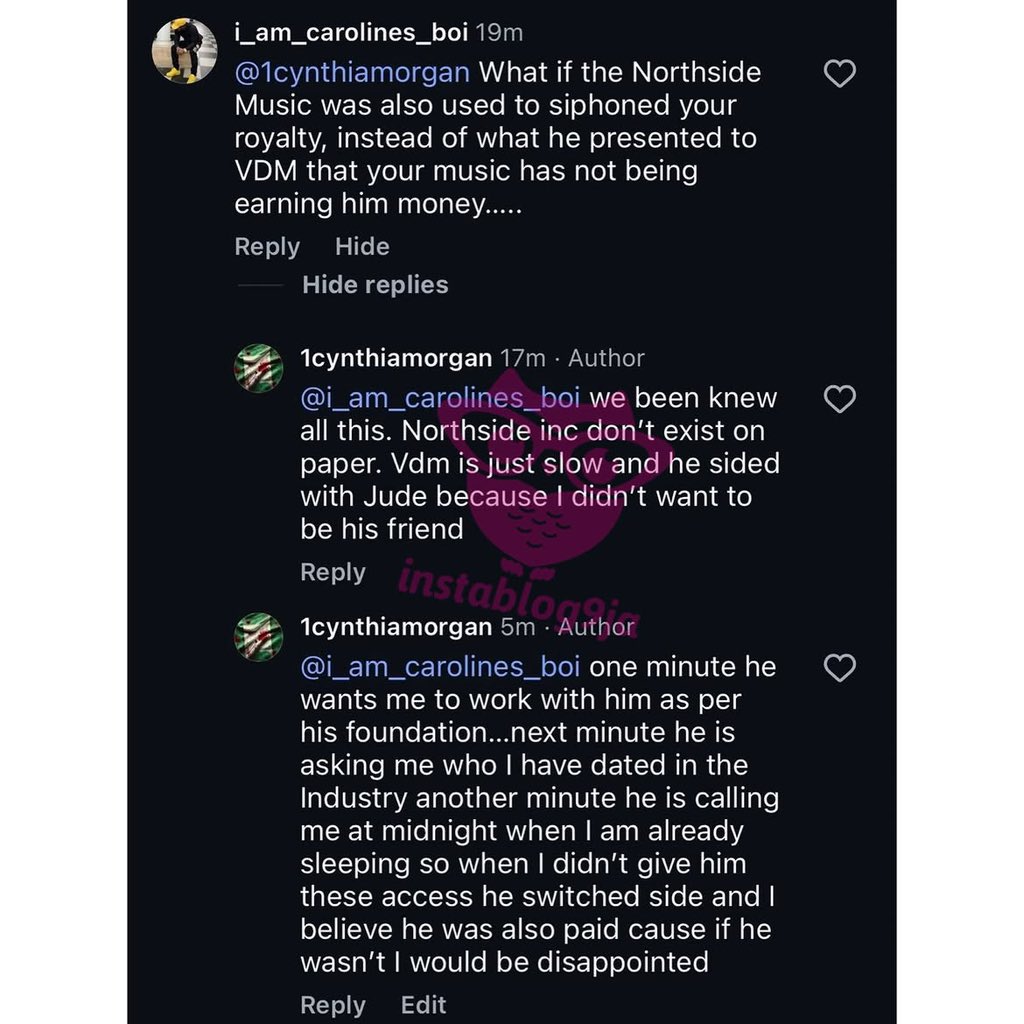 instablog9ja's tweet photo. VDM is slow. He started supporting Jude because I Refused To Be His Friend — Singer Cynthia Morgan https://t.co/rUzldUMEbU