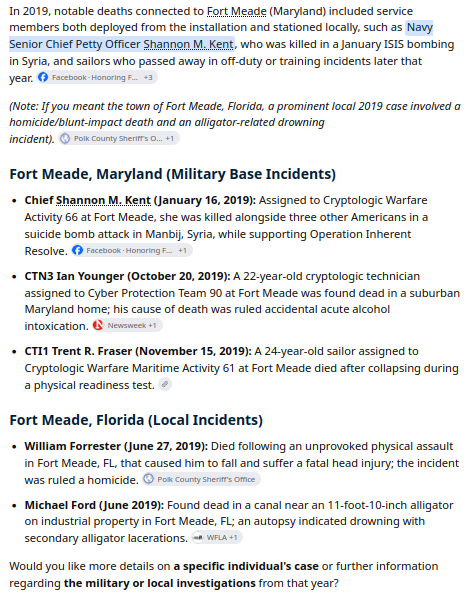 SamEagleForge's tweet photo. @JackDangerLIVE You've confused two separate "Fort Meade" locations that had 5 investigated deaths that happened in 2019: https://t.co/Fzz33LA4v1