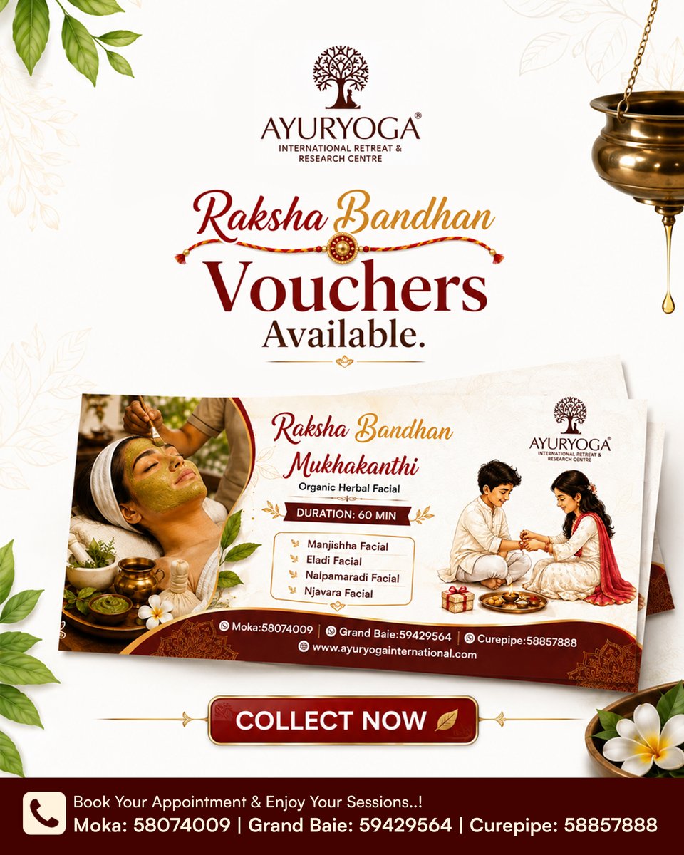 ayuryoga_mur's tweet photo. Celebrate Raksha Bandhan with the gift of wellness! Our 60-min Mukhakanthi Organic Herbal Facial vouchers are available with Manjishtha, Eladi, Nalpamaradi &amp; Njavara options.

Moka: +23058074009 | Grand Baie: +23059429564 | Curepipe: +23058857888

#RakshaBandhan #Ayurveda https://t.co/FdRXwXbU1a