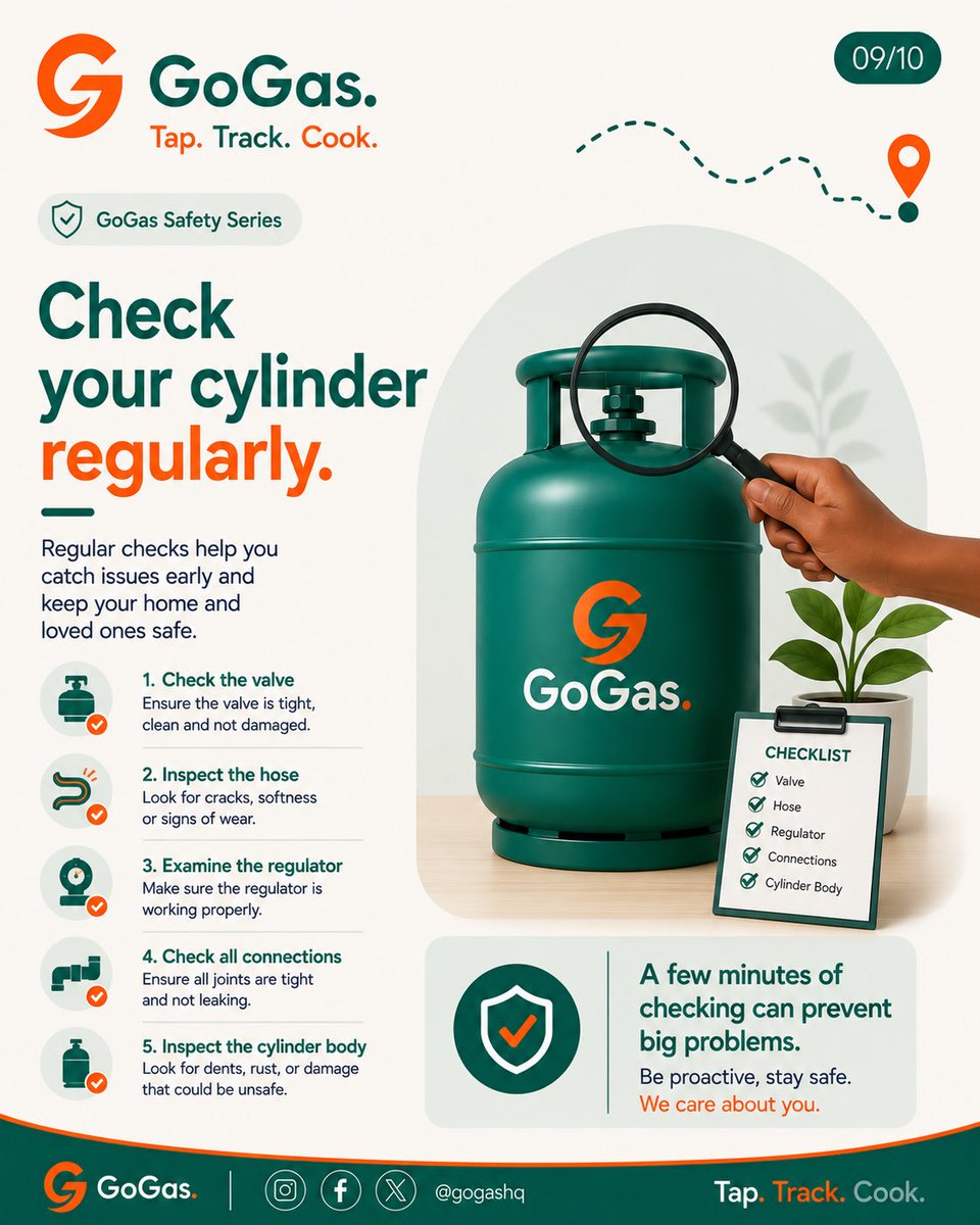 GoGasHQ's tweet photo. Cooking gas safety starts with awareness.

We’ve created the GoGas Safety Series with simple LPG safety tips every household should know.

From spotting leaks to checking your cylinder, hose and regulator — small habits matter.

Safe gas. Safer homes.

#GoGas #LPGSafety https://t.co/KC14gZNbMs