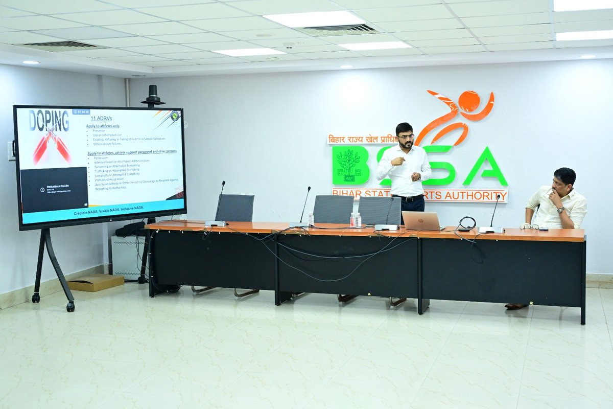 BSSABihar's tweet photo. बिहार राज्य खेल प्राधिकरण में आज (दिनांक :07.08.2026) नेशनल एंटी डोपिंग एजेंसी (NADA), नई दिल्ली के सीनियर प्रोजेक्ट ऑफिसर डॉ. अंकुश गुप्ता द्वारा एंटी-डोपिंग अवेयरनेस वर्कशॉप का आयोजन किया गया।

इस कार्यशाला में वरिष्ठ प्रशिक्षकों, अधिकारियों एवं खिलाड़ियों ने भाग लिया। सत्र के दौरान डोपिंग नियमों, प्रतिबंधित दवाओं की पहचान, KYM (Know Your Medicine) App के उपयोग, Therapeutic Use Exemption (TUE) की प्रक्रिया तथा सप्लीमेंट्स के सुरक्षित उपयोग और उनसे जुड़े जोखिमों पर विस्तार से जानकारी साझा की गई।

खिलाड़ियों को स्वच्छ खेल की भावना के साथ जागरूक और जिम्मेदार बनाने की दिशा में यह एक महत्वपूर्ण पहल रही।