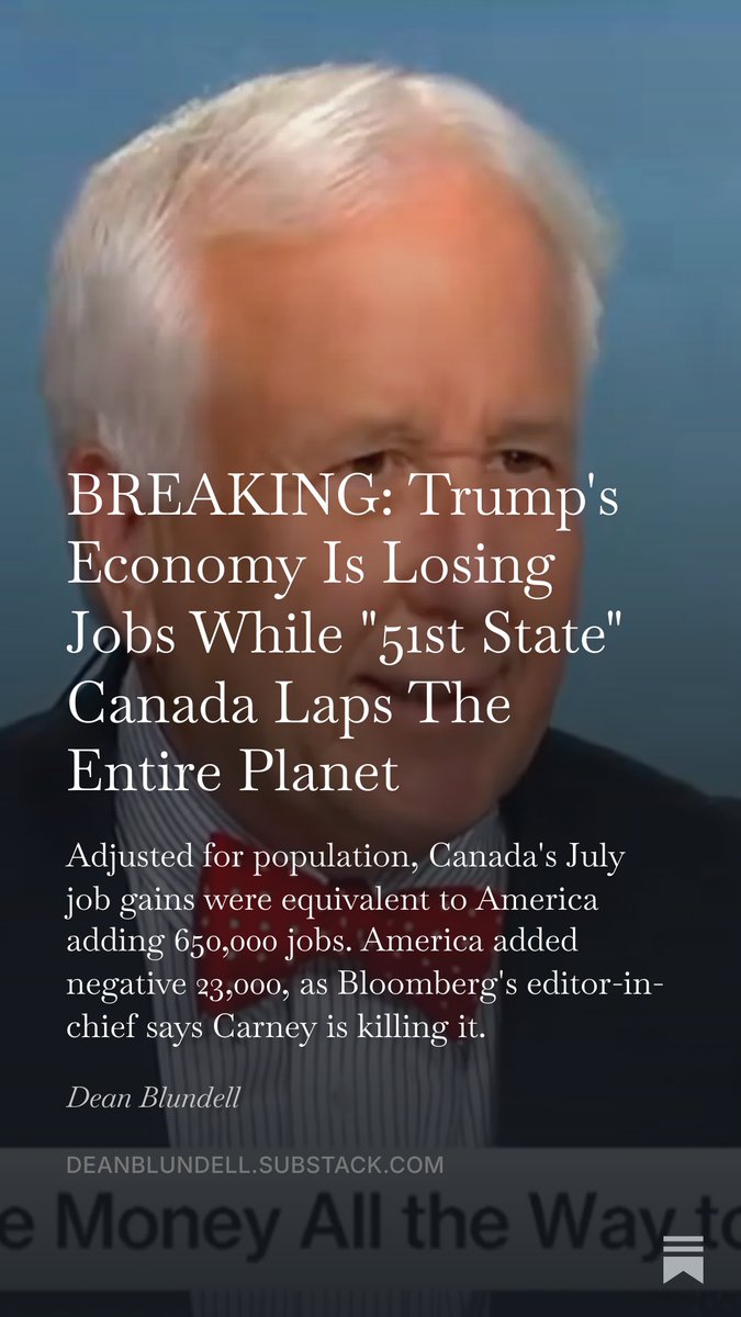 ItsDeanBlundell's tweet photo. 🚨 HOLY SH*T: America LOST 23,000 jobs today. Canada added 75,000.

Bloomberg's founder just admitted Carney's Canada is outperforming THE ENTIRE PLANET while Trump fires anyone who counts honestly.

They wanted a 51st state. They got a masterclass. 🇨🇦

Full breakdown 👇
https://t.co/GtOEcVjLq3