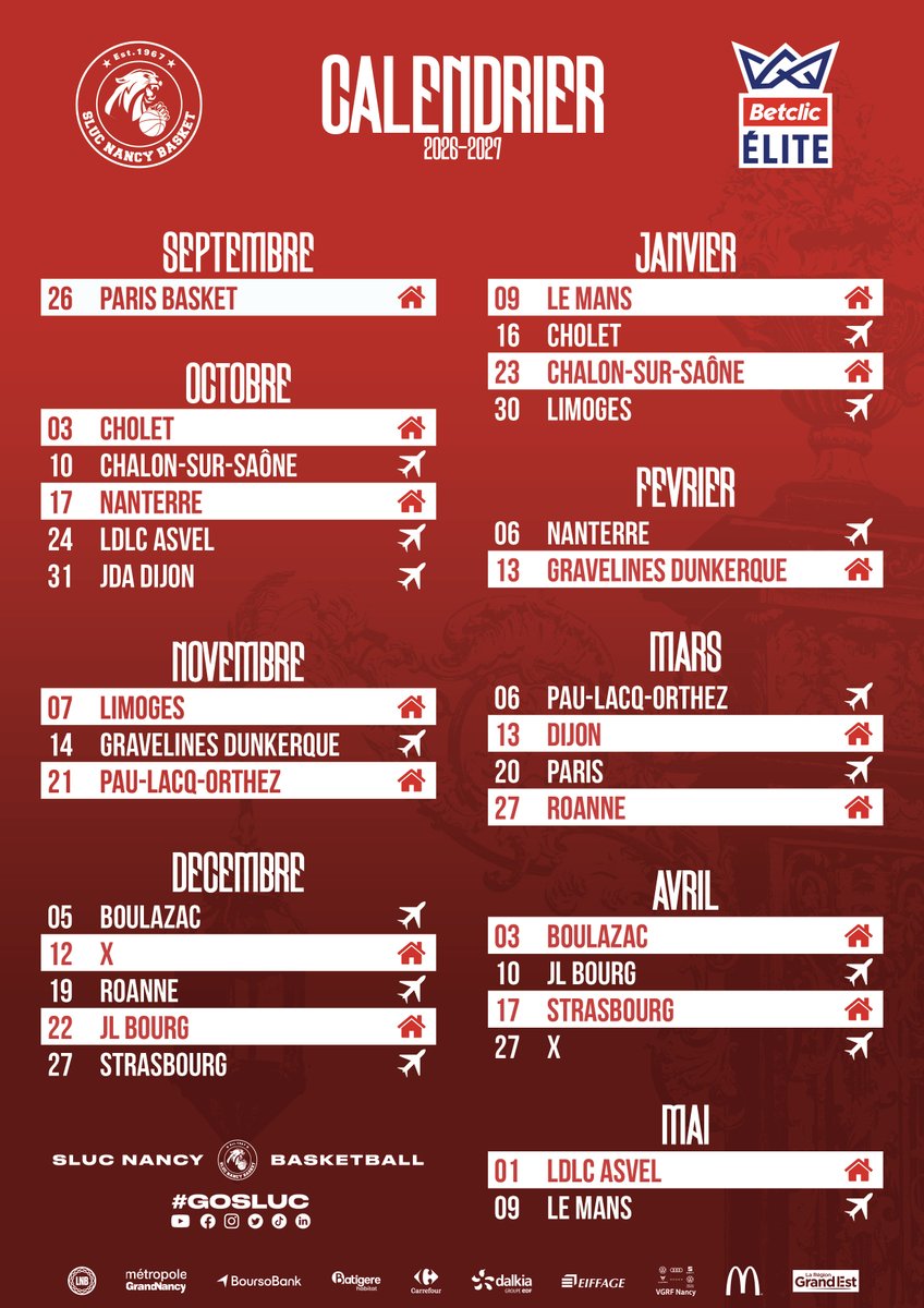 SLUCbasketNancy's tweet photo. Calendrier 🔴⚪
Vous l'attendiez, il est désormais connu.
Le calendrier du SLUC Nancy Basket pour cette saison 2026-2027 de Betclic Elite !
Quel match attendez-vous le plus ?
#GoSLUC https://t.co/NL1c0XaFU0