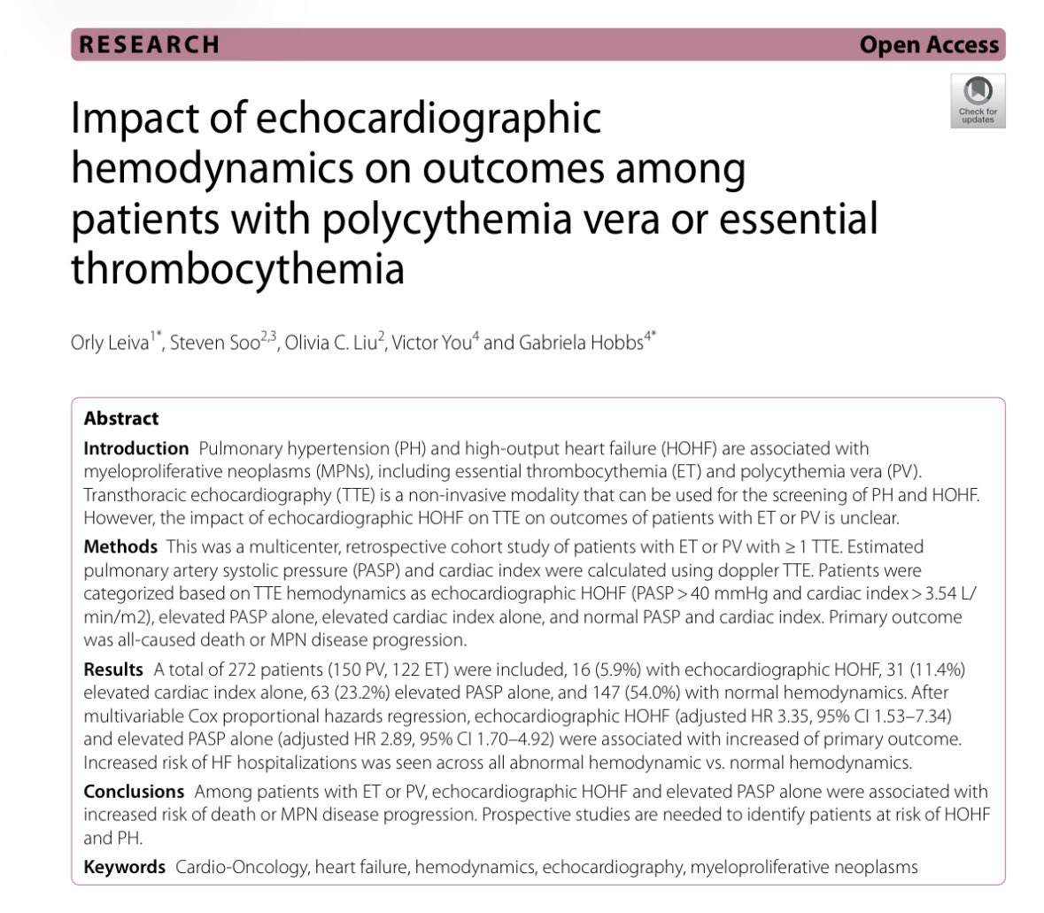 LeivaOrly's tweet photo. 🚨New Pub🚨

HOHF is assoc w MPNs. In this study we characterized pts with ET or PV by TTE cardiac output and PASP. There was an assoc between ⬆️ risk  progression to MF or leukemia among those with HOHF compared to normal hemodynamics.
#CardioOnc #MPNsm

https://t.co/iHGa7Py5QQ https://t.co/EQwIojQxz3