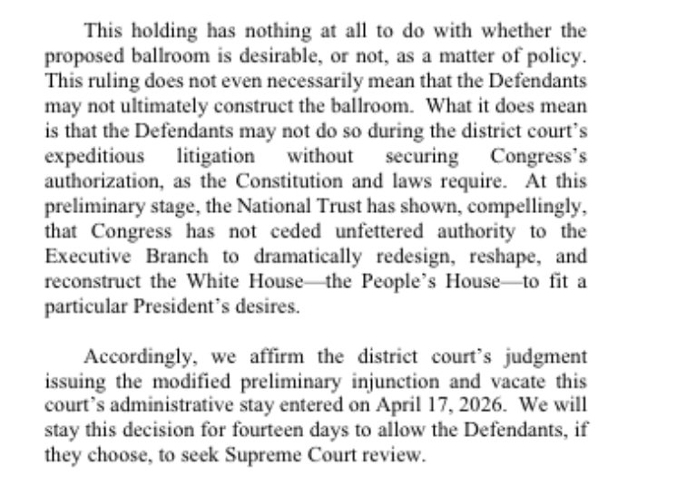 kyledcheney's tweet photo. BREAKING: The D.C. Circuit has ruled against construction of the White House ballroom, saying it requires congressional approval. Decision is delayed 14 days to permit time for appeal. https://t.co/U5dLHrSYkZ https://t.co/ny8yNEuczb