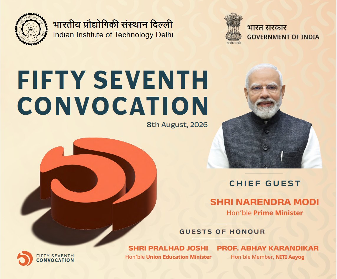 iitdelhi's tweet photo. #IITDelhi welcomes Hon’ble Prime Minister Shri Narendra Modi!

The Prime Minister will address the 57th #Convocation of IIT Delhi as the chief guest. 

Date- August 8th, 2026
Time- 11:00 AM

Watch Live! https://t.co/pKwt225p3v https://t.co/yEiuEAN2HD