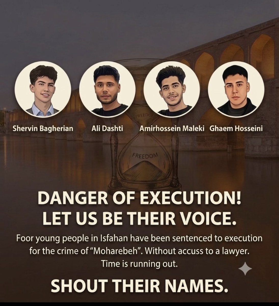 JahangiriAzar's tweet photo. 🚨 URGENT — THESE FOUR LIVES ARE AT IMMEDIATE RISK!

Ghaem Hosseini, Ali Dashti, Amirhossein Maleki, and Shervin Bagherian have reportedly been sentenced to death in connection with the Alikhani Square case in Isfahan.

Their families have reportedly been summoned for final visits and they have reportedly been transferred to solitary confinement. They are still alive — there is still time to act.

⚠️ DO NOT LET THEIR NAMES DISAPPEAR.
Say their names. Share their faces. Demand immediate action from the UN and human-rights organizations.

Ghaem Hosseini — Ali Dashti — Amirhossein Maleki — Shervin Bagherian

🚨 STOP THE EXECUTIONS. SAVE THEIR LIVES.
#IslamicRepublicTerrorist=#ISIS