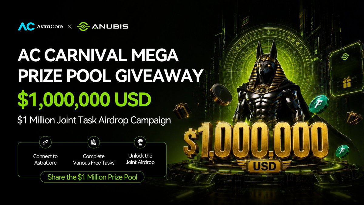 ANUBISCHAIN_'s tweet photo. 🎉 Together with AstraCore, we are about to launch the “AC Carnival · Mega Prize Pool Giveaway” $1 Million Joint Task Airdrop Campaign for users worldwide, featuring a total prize pool of $1,000,000 USD. The campaign will connect the AnubisChain ecosystem with AstraCore wallet users through various free tasks and joint incentive mechanisms, enabling more users around the world to participate in the ecosystem, experience the products, and share in the value of ecosystem growth. 🔥

💰 $1,000,000 USD Prize Pool: $1 million joint airdrop
🌐 Open Globally: Connecting the global user ecosystems of AnubisChain and AstraCore
🎯 Various Free Tasks: Complete different ecosystem tasks to progressively unlock rewards
🎁 Joint Airdrop Rewards: Connect to AstraCore, complete tasks, and share the $1 million prize pool

AnubisChain × AstraCore
The million-dollar rewards are ready. The global carnival is about to begin. 🚀

AC Wallet Official Download (iOS / Android):
https://t.co/GnGhDIVn9k

#AnubisChain #AstraCore #Airdrop #ACCarnival #AGI #Web3 #Crypto