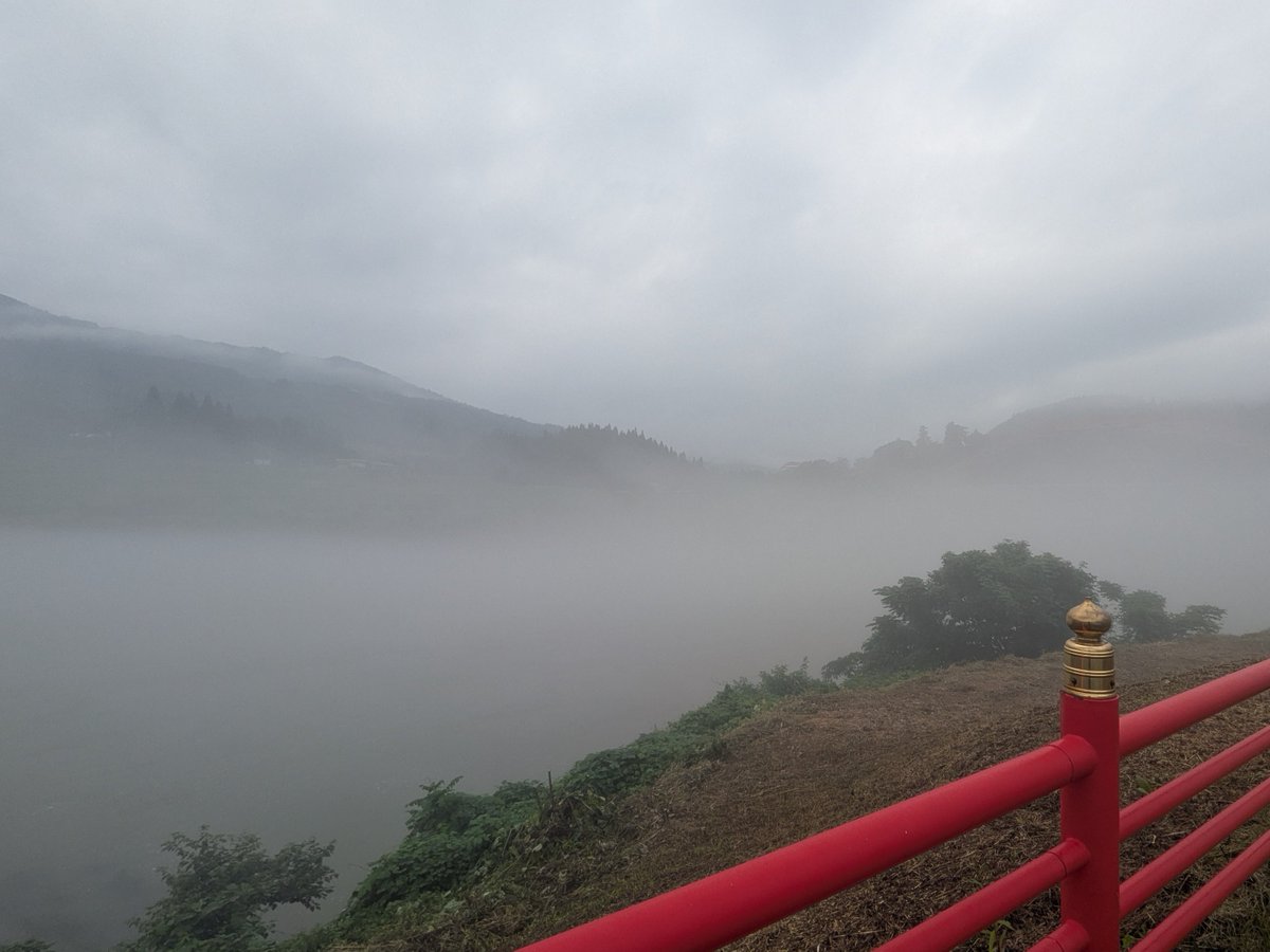 r299moto's tweet photo. 遠出⑦

米沢を朝出、会津坂下から只見川沿い
まるで雲海のような幻想的な風景

峠道を楽しみ過ぎたのか、魚沼時点では
ナビの到着時の予測は12%に低下

会津若松ー魚沼（R252）
魚沼ー高崎（関越）
はSCもFLASHもなくて
NACS不毛地帯ですね

高崎はいつも混んでるし
一路東京へ

#テスラ　#モデル3 https://t.co/y8qO3fq3C5