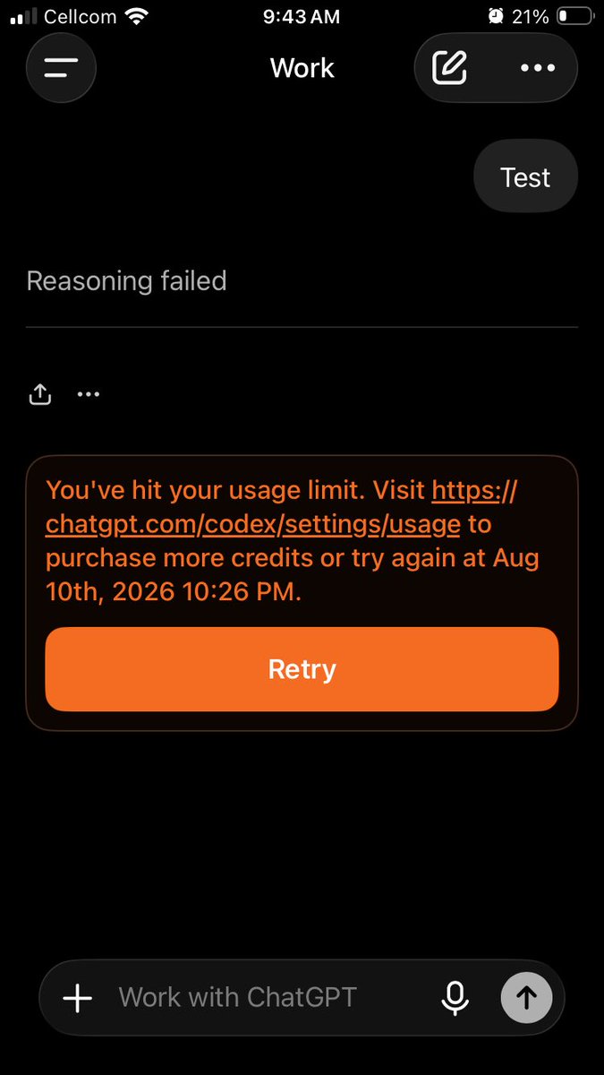 jimmyraid's tweet photo. Weekly usage limit shows 80% remaining, but any attempt to chat in Codex says I’ve reached my usage limit. Fully updated. Rebooted. @thsottiaux what’s the deal? @OpenAI https://t.co/DM5zhXcUbF