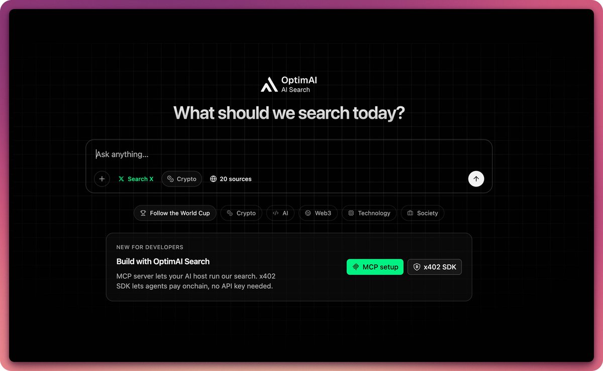 OptimaiNetwork's tweet photo. Your agent can write code.

Can it...
• monitor breaking news?
• verify market rumors?
• track wallets?
• discover new apps?
• compare products?
• pay for premium intelligence?

That's what OptimAI Search is built for.
✨https://t.co/tdfybSV0Is https://t.co/6F7RVh87Cg