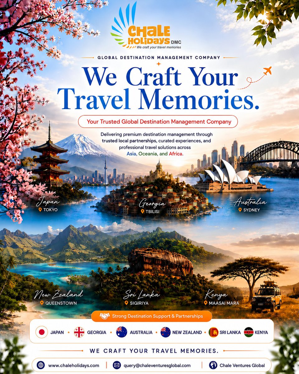 Chaleholidays's tweet photo. ✨We Craft Your Travel Memories ✨

Welcome to Chale Holidays, your trusted Global Destination Management Company.

Holiday Packages • Business Delegations • MICE • International Events • Destination Weddings • Educational Tours
🌐 https://t.co/mQ8AC1Sv6x
#ChaleHolidays #DMC https://t.co/A0M60ZbKuL