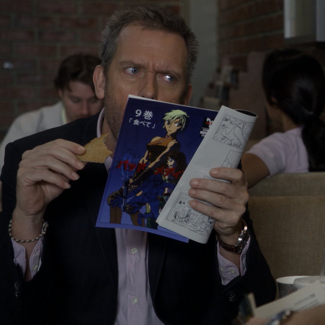 TheShootyGuy's tweet photo. In season 8 episode 9 of "House M.D", you can see him reading an untranslated manga volume, confirming that Dr. House is a JOP. #LearnJapaneseNow https://t.co/TDcu7k2ymy