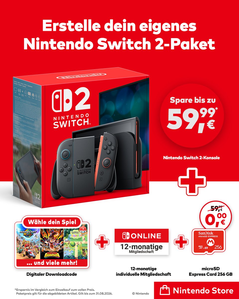 NintendoStoreDE's tweet photo. Wenn ihr eine Konsole, ein Spiel und eine Nintendo Switch Online-Mitgliedschaft als Paket zusammenstellt, könnt ihr einen Zubehörartikel im Wert von bis zu 59,99 € kostenlos hinzufügen.

🛒: https://t.co/lfn4DOBhU6 https://t.co/UuguxqKNx9