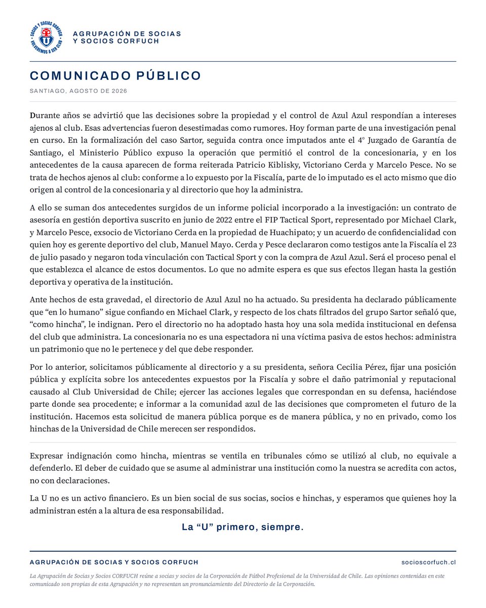 sociosCORFUCH_'s tweet photo. "El deber de cuidado que se asume al administrar una institución como la nuestra se acredita con actos, no con declaraciones."

Compartimos nuestro comunicado público frente a los graves antecedentes revelados en la investigación penal del caso Sartor y la falta de acciones por parte del directorio de Azul Azul.

Agrupación de Socias y Socios CORFUCH
La "U" primero, siempre.
