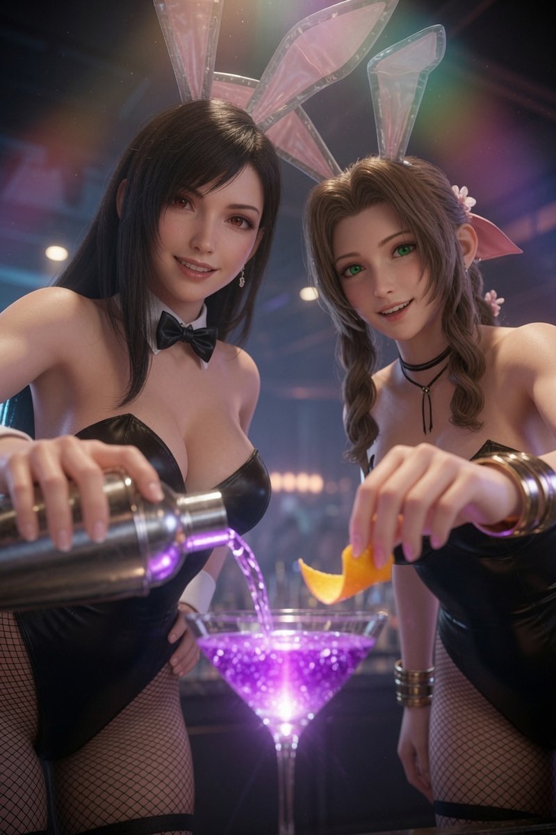 Futurart01's tweet photo. Another hard working week, time to relax!
今週もお疲れ様でした！🍸

Aerith &amp; Tifa / #エアリス &amp; #ティファ
Bunny Bartender 👯‍♀️
#finalfantasyVII #FF7 https://t.co/Ku9fCLGBOD