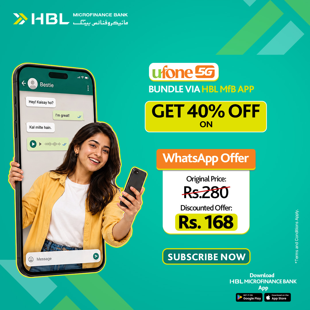 HBLMfBDigital's tweet photo. 🚨 BREAKING NEWS!
Your Ufone 5G WhatsApp Monthly Bundle is now just Rs. 168 (was Rs. 280) – that's 40% OFF! 💬
 Download the HBL MfB App: https://t.co/lcgxn8G1FG
 T&amp;Cs: https://t.co/qp7EZuJ0ar
#HBLMfB #Ufone5G #WhatsAppBundle https://t.co/tNs2I3no4i