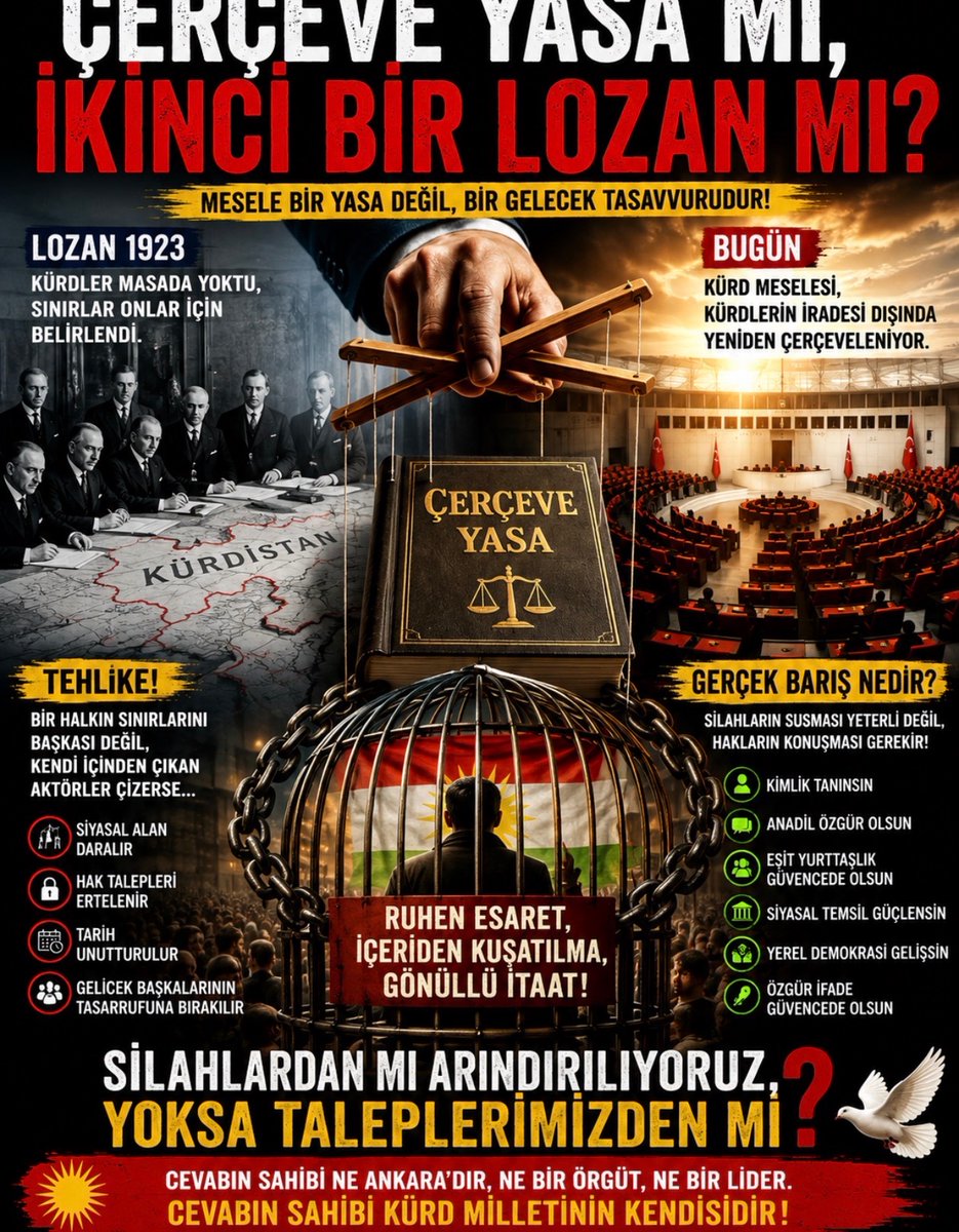 mmaarufataoglu's tweet photo. ÇERÇEVE YASA MI, İKİNCİ BİR LOZAN MI?

Kürd Meselesinde Hukukun Sınırları, Siyasal Özneleşme ve İçeriden Kuşatılma Meselesi

Öncelikle kavramı doğru yere oturtmak gerekir.

Çerçeve yasa, klasik hukuk terminolojisinde, belirli bir alanın temel ilkelerini, sınırlarını ve genel esaslarını belirleyen; ayrınt��lı uygulamayı ise ikincil düzenlemelere, yönetmeliklere veya yürütmenin sonraki işlemlerine bırakan kanuni düzenlemedir.

Dolayısıyla çerçeve yasa, özü itibarıyla ne olumlu ne de olumsuzdur. Onun demokratik niteliğini belirleyen şey adı değil; kimin için, kim tarafından, hangi siyasal amaçla ve hangi hukuki sınırlar içerisinde hazırlandığıdır.

Kürd meselesi söz konusu olduğunda ise mesele tam burada derinleşmektedir.

Çünkü tartışılan şey yalnızca silahların susması, örgütsel yapıların tasfiyesi veya belirli kişilerin hukuki statüsü değildir. Yüzyılı aşan tarihsel bir meselenin hangi kavramlarla tanımlanacağı ve bundan sonra hangi hukuki zeminde ele alınacağı tartışılmaktadır.

Bu nedenle sorulması gereken asıl soru şudur:

Ortaya konulan hukuki çerçeve Kürd meselesini çözmek için mi hazırlanıyor, yoksa Kürd meselesinin hangi sınırlar içerisinde konuşulabileceğini belirlemek için mi?

Bu iki yaklaşım arasında tarihsel bir fark vardır.

Hukuk Bir Çözüm Aracı mı, Sınır Çizme Mekanizması mı?

Modern devlet yalnızca zor kullanarak egemenlik kurmaz.

Hukukla tanımlar.
Kurumlarla sınırlar.
Kavramlarla meşrulaştırır.

Michel Foucault’nun iktidar çözümlemelerinin bize gösterdiği önemli gerçeklerden biri budur: Modern iktidarın gücü yalnızca yasaklamasından değil, neyin meşru kabul edileceğini belirleyebilmesinden kaynaklanır.

Bu nedenle bir toplumsal meselenin hukuk içerisine alınması her zaman o meselenin çözüldüğü anlamına gelmez.

Bazen hukuk özgürleştirir.

Bazen de mevcut siyasal düzeni yeniden üretir.

Eğer hazırlanacak hukuki çerçeve Kürdleri kolektif hakların öznesi olarak tanımıyor; Kürd meselesini yalnızca güvenlik, örgüt üyeliği, silah bırakma, ceza, infaz veya bireysel rehabilitasyon başlıkları içerisinde ele alıyorsa burada ciddi bir kavramsal problem ortaya çıkar.

Çünkü böyle bir yaklaşımın merkezinde Kürd meselesi değil, PKK meselesi bulunur.

Oysa PKK ile Kürd meselesi aynı şey değildir.

PKK, Kürd Milleti içerisinde “tarihiyle menkul” tartışmalı bir örgüttür.

Kürdler ise 40-50 milyon insandan oluşan, binlerce yıllık tarihsel, kültürel ve toplumsal izi olan bir halktır.

Bir örgütün geleceğine ilişkin hukuki düzenleme yapılabilir. Fakat bir milletin tarihsel meselesi, bir örgütün teslimiyet göstermesi üzerine, o milletin hukuki geleceği kendisini bir terör örgütü olarak tanımlayarak imza atan bir kontra yapıya indirgenemez.

Asıl Tehlike:

T.C. Devletinin Kürd Meselesini PKK Üzerinden Yeniden Tanımlamak İsteme Garabetidir

Burada çok daha derin bir paradoks bulunmaktadır.

Devlet yıllarca Kürd meselesini PKK üzerinden güvenlikleştirdi.

Şimdi aynı mesele, bu defa PKK’nin tasfiyesi üzerinden çözümlenmiş ilan edilirse paradigma değişmiş olmayacaktır.

Sadece yön değiştirmiş olacaktır.

Dün:

“PKK var, dolayısıyla Kürd meselesi güvenlik meselesidir.” deniliyordu.

Yarın:

“PKK yok, dolayısıyla Kürd meselesi de kalmamıştır.” denilmesi ihtimali vardır.

İşte Kürdlerin üzerinde düşünülmesi gereken temel mesele budur.

Çünkü bir örgütün teslim olarak veya alınarak ortadan kalkması, o örgütün ortaya çıktığı tarihsel ve sosyolojik koşulları kendiliğinden ortadan kaldırmaz.

Kimlik meselesi kalır.

Dil meselesi kalır.

Yerel yönetimler meselesi kalır.

Siyasal temsil meselesi kalır.

Eşit yurttaşlık meselesi kalır.

Kolektif hafıza ve tarihsel travmalar kalır.

Dolayısıyla barışın ölçüsü yalnızca silahların susması değildir.

Barışın gerçek ölçüsü, silahların sustuğu yerde bir milletin hukukunun konuşmaya başlayıp başlamadığıdır.

İçeriden Kuşatılma Meselesi

Bir toplumu dışarıdan kuşatmak kolay fark edilir.

Askerî kuşatma görülür.

Siyasi yasak görülür.

Cezaevi görülür.

Baskı görülür.

Fakat sosyolojik açıdan çok daha karmaşık olan, bir toplumun kendi aktörleri üzerinden içeriden kuşatılarak sınırlandırılmasıdır.

Antonio Gramsci’nin hegemonya kavramı tam da burada önem kazanmaktadır.

İktidar yalnızca zorla sürdürülemez. Kalıcı iktidar, yönetilenlerin az da olsa belirli ölçülerde rızasını da üretmek zorundadır.

Bu nedenle bir halka dışarıdan kabul ettirilemeyen siyasal sınırlar, bazen o toplum içerisinden çıkan aktörlerin teslim alınması aracılığıyla statü gibi meşrulaştırılmış görüntüsü verilmek istenir.

Tehlike tam burada başlar:

Bir siyasal aktörün devlete karşı çıkarken özgürlükçü, devletin çizdiği sınırları kendi toplumuna anlatmaya başladığında ise otomatik olarak demokratik olduğunu asla varsayamayız.

Ölçü şahıs değildir.

Ölçü sonuçtur.

Kürdlerin hakları genişliyor mu?

Siyasal iradeleri güçleniyor mu?

Kendi gelecekleri hakkında söz söyleme imkânları artıyor mu?

Yoksa örgütsel bir yapının geleceği karşılığında, milletin tarihsel talepleri sessizce gündemin dışına mı çıkarılıyor?

Bu sorular sorulmadan “barış”, “demokratikleşme”, “normalleşme” veya “tarihî fırsat” söylem kavramlarının tek başına Kürdler açısından hiçbir anlamı yoktur.

Ruhen Esaret ve Gönüllü İtaat

Felsefi mesele burada daha da ağırlaşmaktadır.

Étienne de La Boétie, yüzyıllar önce “gönüllü kulluk” meselesini tartışırken iktidarın yalnızca yönetenlerin gücüyle değil, yönetilenlerin itaatiyle de yaşayabildiğini anlatıyordu.

Bir toplum için en tehlikeli eşik yalnızca fiziksel yenilgi değildir.

Daha tehlikelisi, kendisine çizilen sınırları zaman içerisinde kendi doğal sınırları zannetmeye başlamasıdır.

İşte “ruhen esaret” dediğimiz şey burada ortaya çıkar.

Bir halk kendi tarihsel taleplerini artık karşısındaki egemen gücün kavramlarıyla tartışmaya başlamışsa; neyi isteyebileceğini başkasının belirlediği sınırlar içerisinde düşünüyorsa; haklarını değil kendisine verilebilecekleri konuşuyorsa; özgürlüğü değil müsaade edilen alanı savunmaya başlamışsa; mesele artık yalnızca siyasal değildir.

Epistemolojik bir tahakküm başlamıştır.

Çünkü en güçlü egemenlik, insanın bedenini değil, tahayyülünün sınırlarını kontrol eden egemenliktir.

İkinci Bir Lozan mı?

Lozan’ı burada sloganlaştırmadan değerlendirmek gerekir.

1923 Lozan Antlaşması, uluslararası sistem açısından yeni Türkiye devletinin sınırlarının ve egemenliğinin tanınmasının temel belgelerinden biri oldu.

Fakat Kürd tarihsel hafızasında Lozan başka bir soruyu da temsil etmektedir:

Bir halkın geleceğinin, o halk bağımsız bir siyasal taraf olarak masada bulunmadan belirlenmesi idi.

Dolayısıyla bugün “ikinci Lozan” benzetmesinin anlamlı olabileceği yer tam burasıdır.

Elbette bugün Lozan benzeri bir uluslararası antlaşma yapılmamaktadır. Dolayısıyla hukuken “ikinci Lozan”dan söz etmek doğru olmaz.

Fakat siyasal bir metafor olarak çok önemli bir soru sorulabilir:

Kürdlerin geleceğine ilişkin temel siyasal sınırlar bir kez daha Kürd toplumunun çoğul iradesi dışında belirleniyor ve daha sonra esir alınmış Kürd aktörler eliyle Kürd toplumuna kabul ettirilmeye çalışılıyorsa, tarih başka araçlarla kendisini tekrar ediyor olabilir mi?

1923’ün yöntemiyle 2026’nın yöntemi aynı olmak zorunda değildir.

Modern siyaset çok daha sofistike araçlara sahiptir.

Bugün sınırlar yalnızca haritalara çizilmez.

Anayasalarla çizilir.

Yasalara çizilir.

Siyasi söylemin sınırlarına çizilir.

Ve bazen en önemlisi, bir toplumun zihnine çizilir.

Bu nedenle ikinci Lozan korkusu, yeni bir antlaşmanın imzalanmasından ziyade, Kürd meselesinin nihai sınırlarının Kürdlerin çoğul iradesi dışında belirlenmesi ihtimali üzerinden tartışılmalıdır.

Bir Millet Bir Örgüte, Bir Lidere veya Bir Partiye İndirgenemez. Nokta.

Burada irfanı, izanı ve vicdanı olan Kürd siyasetinin de kendisiyle yüzleşmesi gerekir.

Devleti eleştirirken Kürd siyasetinin kendi içindeki temsil sorunlarını görmezden gelmek, entelektüel bakış açısından asla tutarlı değildir.

Hiçbir örgüt Kürd milletinin tamamını temsil edemez.

Hiçbir lider temsil edemez.

Hiçbir aile temsil edemez.

Hiçbir parti temsil edemez.

Çünkü millet, örgütten büyüktür.

Millet, liderden büyüktür.

Millet, partiden büyüktür.

40-50 milyonu aşkın bir halkın tarihsel geleceği herhangi bir kişinin, örgütün veya siyasi geleneğin iradesiyle Türkiye’ye, Suriye’ye, Irak’a ve İran’a teslim edilemez. Nokta.

Demokratik temsil tam da bunun için vardır.

Çoğulculuk bunun için vardır.

Hukuk bunun için vardır.

Bir kişinin düşüncesini eleştirmek o kişiye düşmanlık değildir; bir örgütün siyasetini sorgulamak da bir halka karşı olmak değildir. Tam tersine, eleştirilemeyen siyasal yapıların olduğu yerde millet küçülür, lider büyür.

Oysa modern demokratik toplumlarda olması gereken bunun tersidir:

Kişiler küçülmeli, kurumlar büyümelidir.
Liderler geçici, hukuk kalıcı olmalıdır.
Partiler araç, millet ise esas olmalıdır.

Barış Başka, Teslimiyet Başkadır

Kürdlerin savaşa mahkûm edilmesini savunmak ne kadar yanlışsa, barış adına her siyasal sonucu tartışılmaz ilan etmek de o kadar yanlıştır.

Barış değerlidir.

İnsan hayatı her türlü siyasi hesabın üzerindedir.

Silahların susması Kürdler açısından tarihsel bir kazanımdır.

Zira varlığını terörist olarak kabul eden örgüt yıllardır kimi uygulamalarıyla Kürd halkını terörize ediyordu.

Fakat barış ile teslimiyet arasındaki çizgiyi belirleyen şey silahların bırakılması değil, hakların ne olduğudur.

Gerçek barışta iki taraf da dönüşür.

Teslimiyette ise yalnızca bir taraf dönüşür.

Gerçek barış yeni bir hukuk üretir.

Teslimiyet mevcut hukuka kayıtsız şartsız dönüş talep eder.

Gerçek barış toplumun siyasal alanını genişletir.

Teslimiyet örgütü tasfiye ederken toplumsal meseleyi susturur ve dondurur.

Dolayısıyla sorulması gereken soru “Silah bırakılıyor mu?” sorusundan daha büyüktür:

Silah bırakıldıktan sonra Kürdlere nasıl bir siyasal ve hukuki gelecek bırakılıyor?

Çerçeve Yasanın Demokratik Ölçüsü Nedir?

Bu nedenle hazırlanacak veya tartışılacak herhangi bir çerçeve yasanın demokratik niteliği birkaç temel ölçüyle değerlendirilmelidir:

Kürd kimliği hukuken tanınıyor mu?

Anadil üzerindeki tarihsel sınırlamalar kaldırılıyor mu?

Eşit yurttaşlık yalnızca söylem olmaktan çıkarılıp anayasal güvenceye bağlanıyor mu?

Siyasal temsil ve örgütlenme özgürlüğü genişletiliyor mu?

Yerel demokrasi güçlendiriliyor mu?

Düşünce ve ifade özgürlüğü güvence altına alınıyor mu?

Kayyım ve benzeri olağanüstü yönetim pratiklerinin hukuki zemini ortadan kaldırılıyor mu?

Toplumun farklı Kürd siyasi gelenekleri sürecin öznesi olabiliyor mu?

Ve en önemlisi:

Kürdler bu sürecin konusu mu, yoksa öznesi mi?

Eğer bunların cevabı yoksa, kanunun adında “barış”, “demokrasi”, “toplumsal bütünleşme” veya başka hangi kavramın bulunduğunun hiçbir önemi kalmaz.

Çünkü hukukta başlık değil, norm önemlidir.

Siyasette vaat değil, sonuç önemlidir.

Tarihte ise niyetlerden çok ortaya çıkan düzen hatırlanır.

Sonuç: Mesele Bir Yasa Değil, Gelecek Tasavvurudur

Bugün Kürdlerin önündeki temel soru, PKK’nin geleceğinin ne olacağından çok çok daha büyüktür.

Asıl soru:

PKK sonrasında Kürd meselesinin ne olacağıdır.

Eğer bir örgütün tasfiyesi aynı zamanda Kürdlerin kolektif siyasal taleplerinin de tasfiyesi anlamına getiriliyorsa, buna çözüm demek mümkün değildir. Bu, devletin kendi kendisini kandırmaktan başka hiçbir işe yaramayacaktır.

Eğer silah bırakmanın karşılığında hukuk demokratikleşiyor, kimlik üzerindeki baskılar kalkıyor, ifade alanı genişliyor ve Kürdler eşit yurttaşlar olarak siyasal sistemin özgür özneleri hâline geliyorsa, bunu desteklemek gerekir.

Fakat bunun yerine Kürdlere;

“Artık mesele bitmiştir.”

“Daha fazlasını istemeyin.”

“Devletin ve münfesih PKK’nin belirlediği sınırlar içerisinde siyaset yapın.”

“Size uygun görülen hukuki statüyü kabul edin.”

deniliyorsa, o zaman çok daha ciddi bir tarihsel tartışmanın eşiğindeyiz demektir.

Ve belki de bugün sorulması gereken en rahatsız edici soru şudur:

Kürdler silahlardan mı arındırılıyor, yoksa siyasal taleplerinden mi esaret altına alınıyor?

Çünkü bir milleti yenmenin en kalıcı yolu onun ordusunu yenmek değildir.

Bir milleti asıl teslim alan şey, ona kendi taleplerinden vazgeçmesini kendi iradesiymiş gibi kabul ettirebilmektir.

İşte bu nedenle mesele yalnızca bir “çerçeve yasa” meselesi değildir.

Mesele, çerçevenin kim tarafından çizildiği, Kürdlerin o çerçevenin neresinde durduğu ve en önemlisi, o çerçevenin dışında kalan Kürd milletinin tarihsel haklarının ne olacağıdır.

Lozan’dan yüz yılı aşkın zaman sonra tarih Kürdlere aynı soruyu farklı kelimelerle yeniden soruyor olabilir:

Başkalarının sizin için çizdiği çerçevenin içinde bir gelecek mi yaşayacaksınız, yoksa kendi geleceğinizin demokratik, çoğulcu ve özgür özneleri mi olacaksınız?

Bu sorunun cevabını ne Ankara tek başına verebilir ne Öcalan ne bir örgüt ne de bir parti.

Cevabın sahibi Kürd milletinin kendisidir ve öyle olmalıdır.

Maaruf Ataoğlu
7 Ağustos 2026