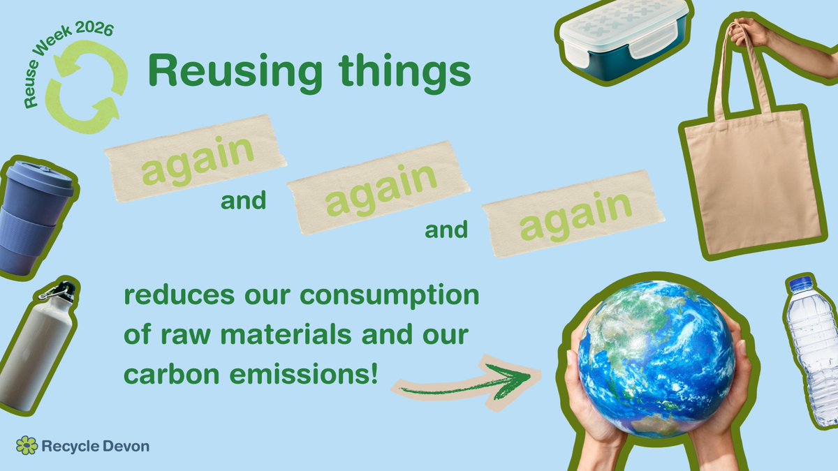 RecycleDevon's tweet photo. 🎉#ReuseWeek 2026 is here and we're celebrating 10 years! ♻️
Join us this week for tips and inspiration on how to reuse, repair, rewear and refurbish more at home.
💚Tell us how you're taking part and share your best reuse ideas below👇
#Reuse #ReduceReuseRecycle #CircularEconomy
@SouthHams_DC @eastdevon @WestDevon_BC @MidDevonDC @ExeterCouncil @torridgedc @Teignbridge