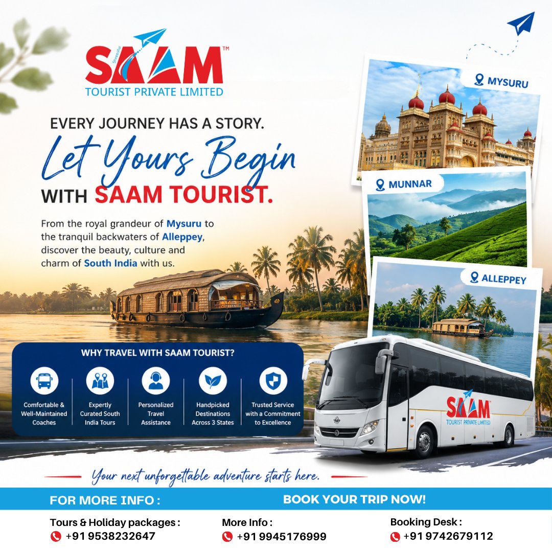 SAAMTOURIST's tweet photo. Discover the beauty of South India with SAAM Tourist! 🚌✨ From Mysuru's royal heritage to Alleppey's serene backwaters, enjoy expertly curated tours, comfortable travel, and unforgettable memories. Your next adventure starts here. 🌿 #SAAMTourist #ExploreSouthIndia #TravelIndia https://t.co/cRQBPgDS4z