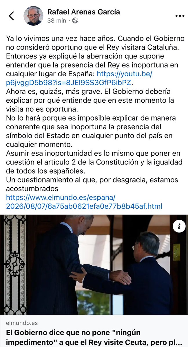 Rafaelarenasgar's tweet photo. La presencia del Rey en cualquier parte de España es, por definición, oportuna en cualquier momento.
No entender esto supone no entender algunos de los principios estructurales de nuestra Constitución.

https://t.co/nlDyBn5mYO https://t.co/TMZgx1m9o4