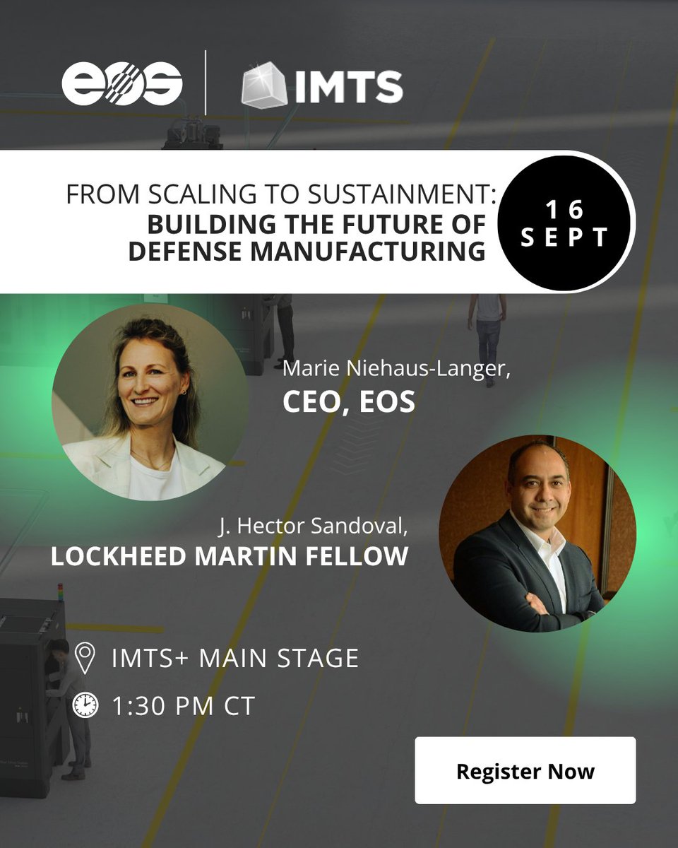 EOS3DPrinting's tweet photo. Join us at IMTS 2026 on September 16 for an inspiring keynote from our CEO, Marie Niehaus-Langer and Lockheed Martin Fellow, J. Hector Sandoval.

After the keynote, don't forget to visit the EOS team at Booth 338450!

📍 Register now: https://t.co/ce7B1LE76V https://t.co/pGJ8H3k60l