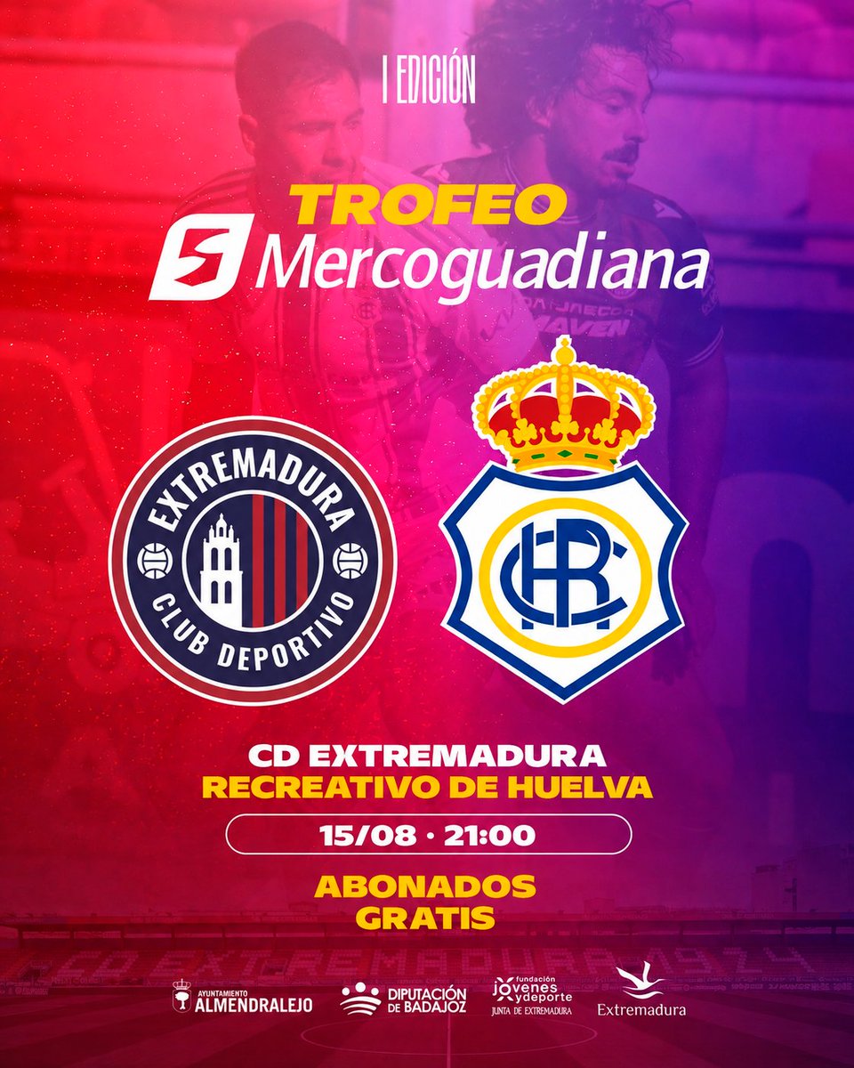 CDExt1924's tweet photo. 🏆 𝐓𝐑𝐎𝐅𝐄𝐎 𝐌𝐄𝐑𝐂𝐎𝐆𝐔𝐀𝐃𝐈𝐀𝐍𝐀 | I EDICIÓN

🆚 @recreoficial 
📅 Sábado 15 de agosto
🕘 21:00
🏟️ Estadio Francisco de la Hera
🪪 Abonados 𝐠𝐫𝐚𝐭𝐢𝐬
💶 Público general: 10€ precio único. 

🤩 ¡Volvemos a casa y lo hacemos con sorpresas entre los asistentes que estarán a la altura de este Trofeo! 

#ExtremaduraRecre #TrofeoMercoguadiana
