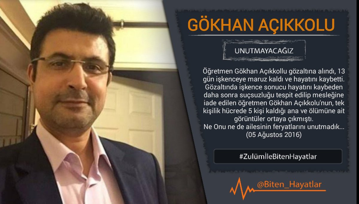 biten_hayatlar's tweet photo. GÖKHAN AÇIKKOLLU
KHK'lı öğretmen; kronik rahatsızlıklarına rağmen şeker ilaçları engellendi.
13 gün boyunca ağır işkenceye maruz kaldı.
Gözaltındayken kalp krizi sonucu hayatını kaybetti.
05.08.2016

#Unutmayacağız
#Unutturmayacağız
#ZulümİleBitenHayatlar
https://t.co/WPnxnOQUKK https://t.co/LvR97dyVaz