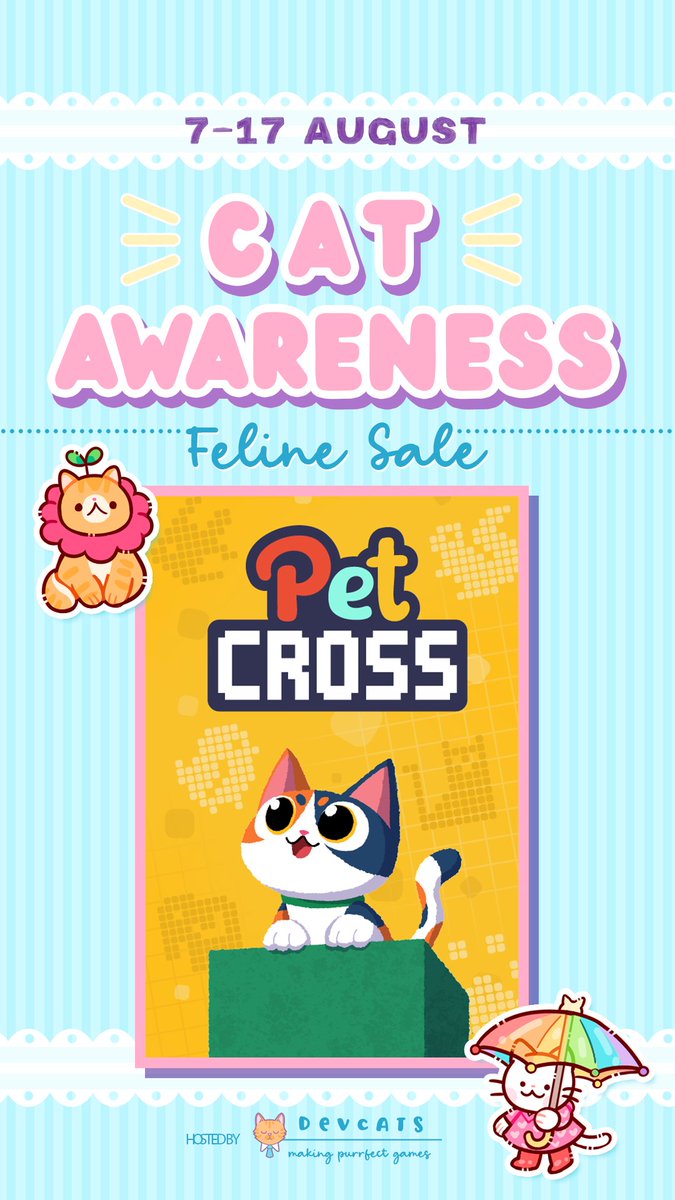 PlaySanoGames's tweet photo. Check out Pet Cross in the #CatAwarenessSale starting Today! Helping raise awareness for cat adoption and rescue.

Wishlist Pet Cross on Steam!
https://t.co/z85ZJZSUD1

Big thanks to @devcatsgames  for creating this event.

#gaming #indiegame #solodev #cozygames #cats https://t.co/1WkYBIGtdn