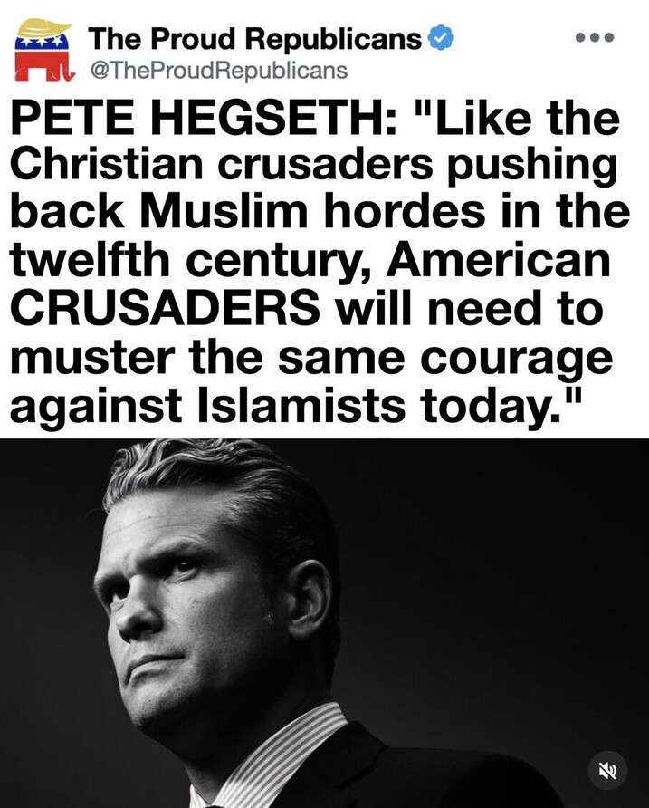 Jessies_Too's tweet photo. We must depend on our leaders to manage and 
navigate our new reality. Many are just waking up
to the Muslim invasion here.

Hordes of Muslims take to the streets on weekends
carrying their flags in support of Hamas and other
terror networks. Having conquered Europe, Islam 
was brought here by globalists presidents as 
part of WEF plan to kill us all. There have been 
reports of stockpiles of guns & military equipment
found in some mosques here. 

We cannot let that happen here. Muslims are 
Communists too - actually Sharia law is worse.
And Hegseth is right, it's up to us to stand up for
Christian values & push back. Don't be intimidated!

⛔️#MuslimInvasion