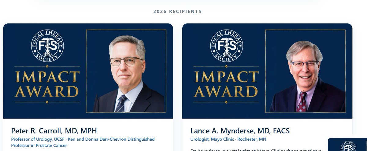 FocalSociety's tweet photo. Please join us in congratulating @pcarroll_ and Dr. Lance Mynderse, the inaugural recipients of the 2026 IMPACT Award. We are grateful for their exceptional service and contributions to the Focal Therapy Society.  Don't miss our meeting in Washington, DC, September 17th-19th.
#IMPACTAward #FocalTherapy #FTS 

https://t.co/VA2F09uAKv @AmerUrological @MayoUrology @UCSFUrology @Endo_Society