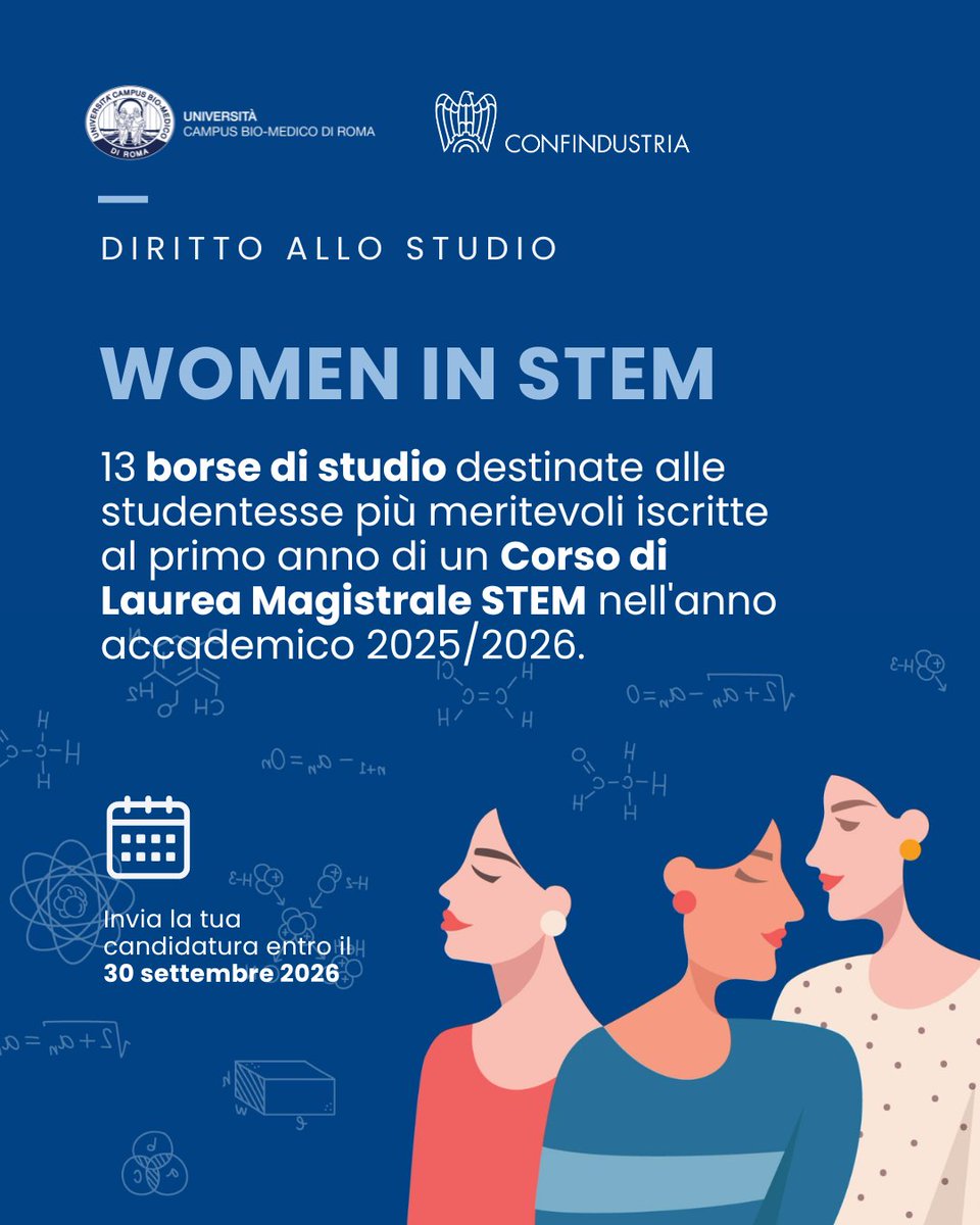 CampusBioMedico's tweet photo. In #UCBM le studentesse sono il 61% degli iscritti totali, confermando un forte impegno per la parità nelle scienze! Aperto il bando #WomenInSTEM: 13 borse di studio da 3.000€ per le magistrali STEM (A.A. 2026/2027). Candidature entro il 30 settembre 2026. https://t.co/pT4TZn26QK