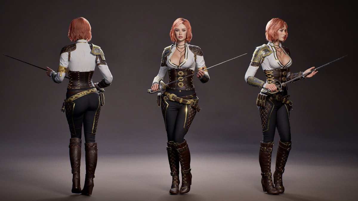 Delonblock's tweet photo. Here is my latest personal project a realtime, game ready model of a Female Sword Master.
Sculpted in Zbrush
Shirt and pants created in Marvelous Designer
Retop and UVs done in Maya
Baking in Marmoset Toolbag

Textured in Substance Painter
Rendered in Unreal Engine 5
Thank you https://t.co/W1EReG144x
