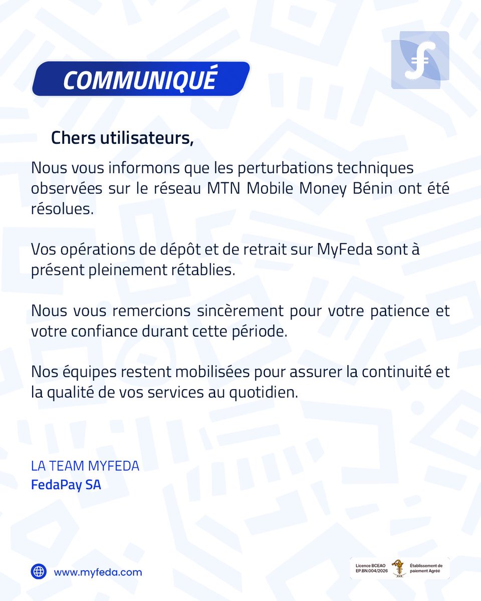 MyFeda_'s tweet photo. C'est rétabli. 💙

Vos dépôts et retraits MTN MoMo sur MyFeda
sont de nouveau pleinement opérationnels.
Merci pour votre patience et votre confiance. 🙏🏽

#MyFeda #ServiceRétabli #InfoService https://t.co/GRiJAJ6twt