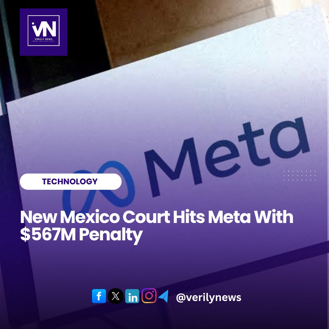 VerilyNews's tweet photo. A New Mexico judge has delivered one of the most consequential rulings yet against a major social media company, ordering Meta Platforms to pay $567 million and fundamentally reshape how Facebook and Instagram operate for young users.
.
.
Read more: https://t.co/xofKHf4RNU https://t.co/mzK26Q0slH
