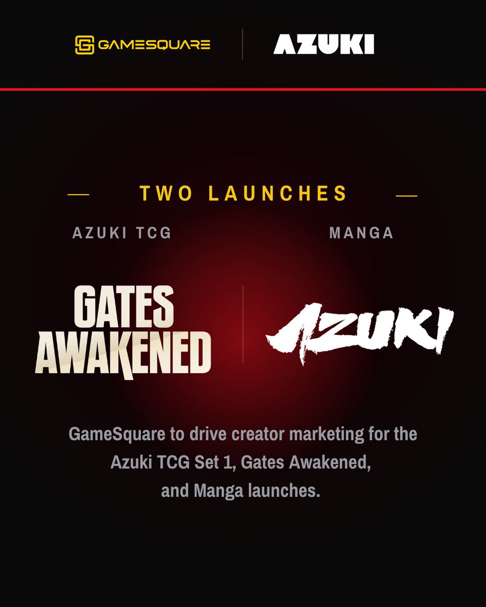 GSQHoldings's tweet photo. GameSquare has signed with @Azuki to amplify creator marketing in support of the Gates Awakened TCG launch and manga launch.

Our agency team will help grow Azuki’s existing creator program through talent ideation, contracting and deployment, activating creators from the TCG player and card collector communities across YouTube, TikTok and Instagram Reels.

We’ll also support the manga launch with original content featuring Arnold Tsang and additional creator activations in September.

Read more: https://t.co/pz38YD8EDq