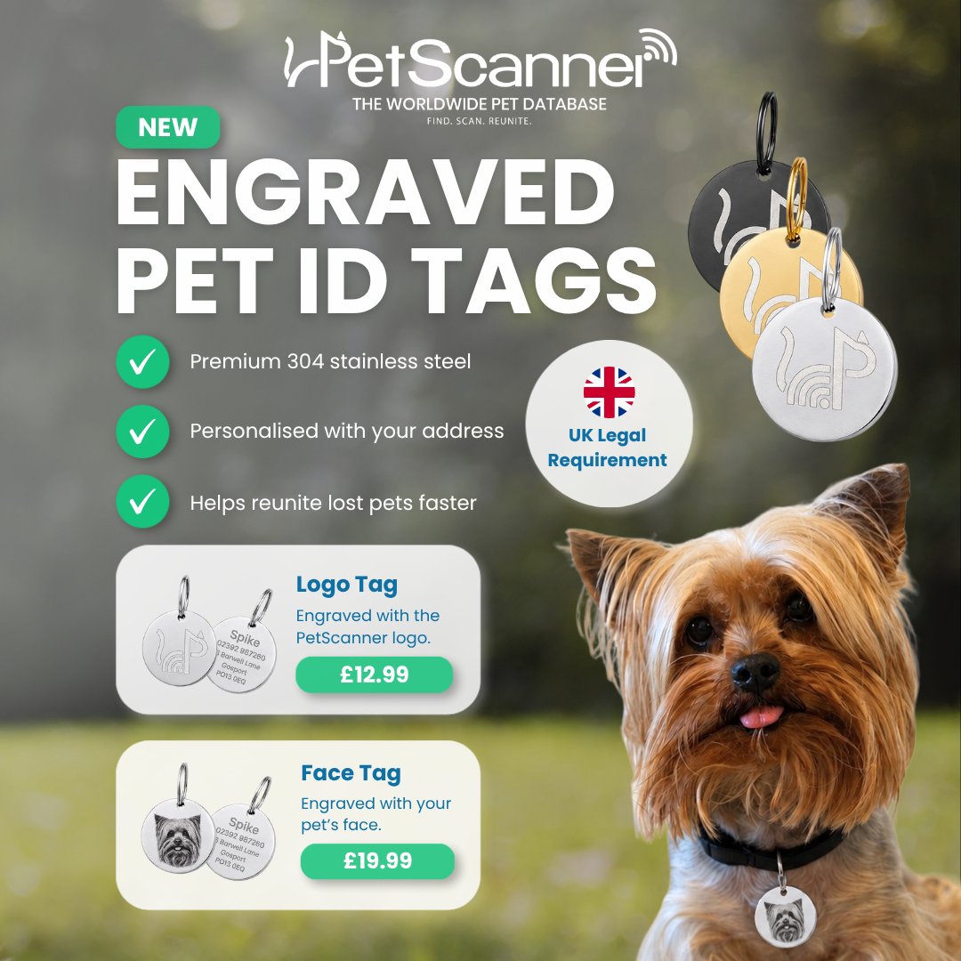 petscanner's tweet photo. Engraved Pet ID Tags 🏷️
Keep your pet safe with a durable premium 304 stainless steel ID tag!
Shop now: https://t.co/Rfp01qPoyC
#PetScanner #PetIDTag #DogIDTag #PersonalisedDogTag #EngravedPetTag #DogTag #PetSafety #DogSafety #DogAccessories #PetAccessories #DogOwnersUK https://t.co/lRyRyOpjEH