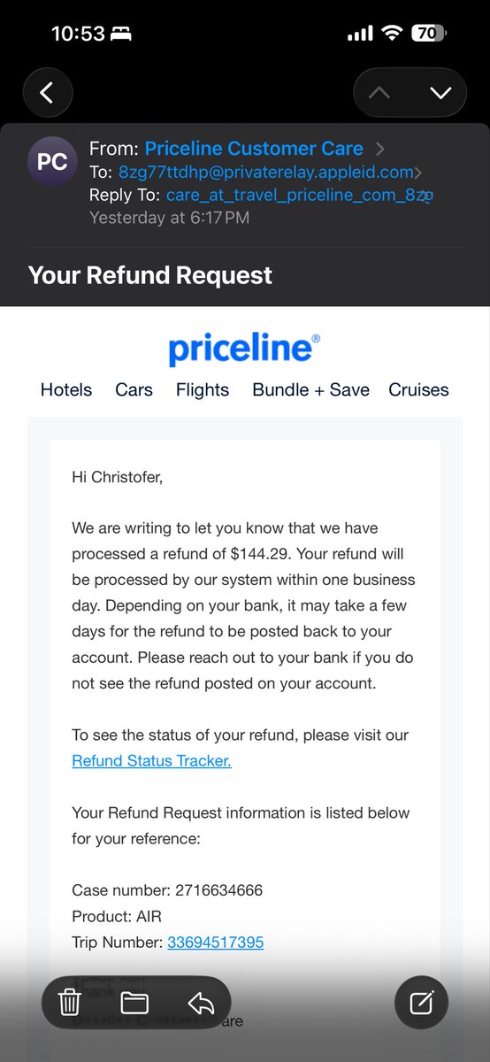 chrisbf4's tweet photo. @priceline  @united  I’m still waiting on my refund to process I been waiting for over 2 months since yall canceled my ticket while I was in Vegas I was supposed to be refunded. Everytime I call Priceline they processing it but haven’t make right. https://t.co/tm2CrCJO2j