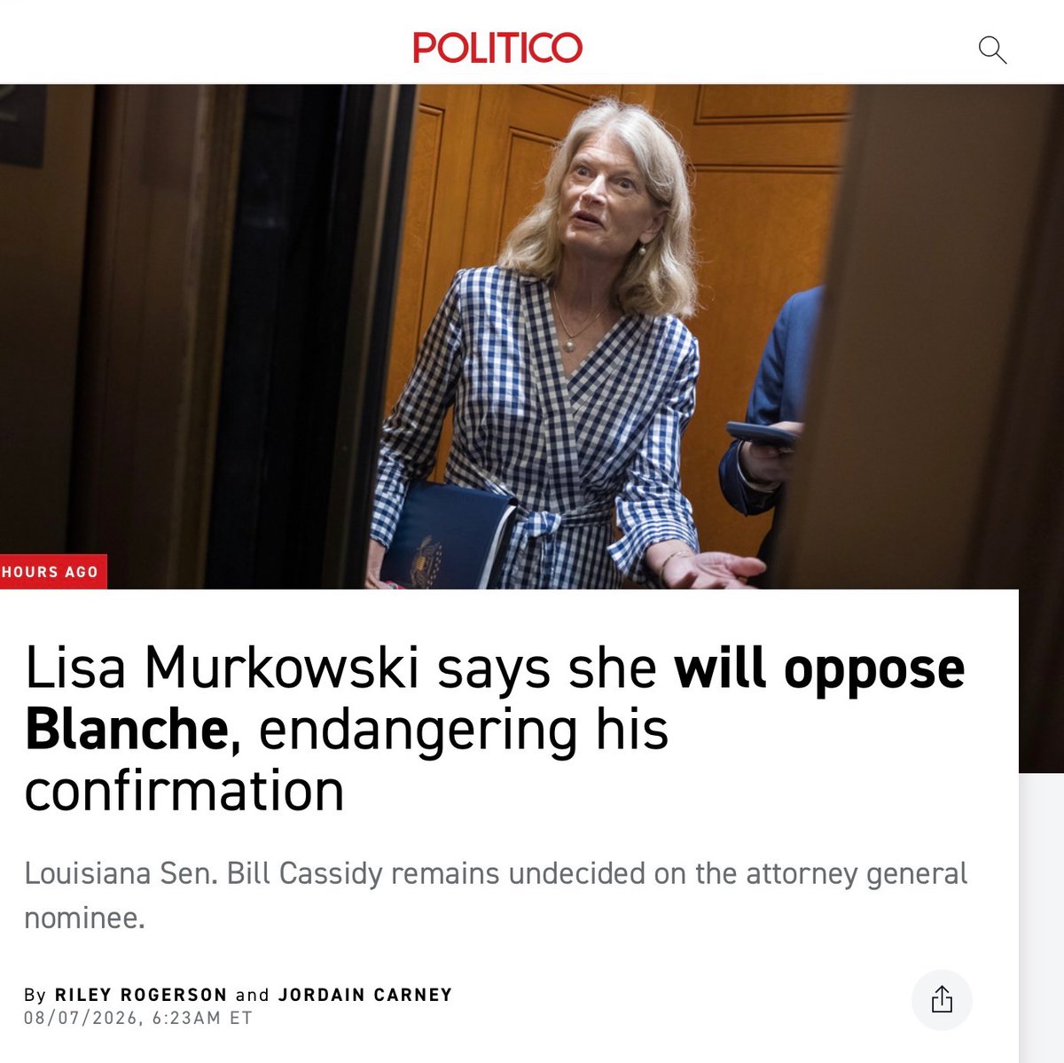 Rep_Stansbury's tweet photo. EVERY single Senator should be a Hell No!

-Failed to comply with the Epstein law
-Exposed Survivors
-Weaponized the DOJ
-Tried to give Trump IRS immunity
-Tried to give Jan 6’ers and others $1.8 billion in taxpayer dollars
-Acting as the President’s personal lawyer not the American people’s top law enforcement agent

Just NO.