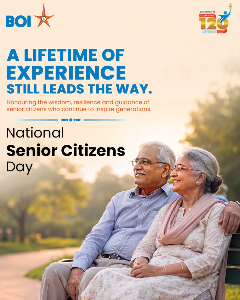 BankofIndia_IN's tweet photo. This National Senior Citizens Day, Bank of India salutes the wisdom, resilience and values of senior citizens whose journeys continue to inspire families and communities every day.
#BankOfIndia #NationalSeniorCitizensDay #SeniorCitizens #InspiringGenerations #BOI https://t.co/1TdwTemp7m
