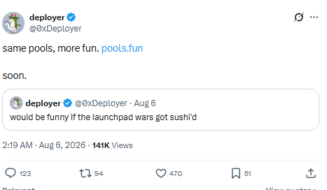 renaizizyo_'s tweet photo. I've seen this movie before.

Uniswap launched https://t.co/UmF9daduPw.

The narrative exploded, and the $POOLS ecosystem reached a multi-million dollar valuation.

Now Sushi is building its own launchpad.

The name?

https://t.co/87wRaT6l4G.

Different team.

Same narrative.

Meanwhile, $POOLS is sitting around a $60K market cap.

I'm not saying history will repeat itself.

I'm saying the market has a habit of chasing narratives after they're obvious.

By the time everyone is talking about https://t.co/87wRaT6l4G, what ticker do you think they'll be searching for first?

$POOLS.

The risk is obvious.

So is the upside if this narrative catches fire.

I'm taking the bet early.

DYOR.

0xa1acEb8993b9B6D6987D0c06a2906262bd7610a0