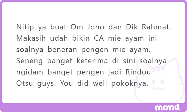 OwnersJono's tweet photo. Ad bwt lait dr musuh bebuyutan.x

Sm2,, trimakasih kmbli sudah muk kerja di sini y,, nnti kita party mie ayam dibuatin rahmat,,!! mksih udh jd rindou lcu,,!

Ad bwt ele yg udh nmenin mmhny diantara lelaki asem,, siapa yg pling asem??

Ad bwt mei,, tsie tsie sgt positip kt.x km https://t.co/vsuTz2EgPH