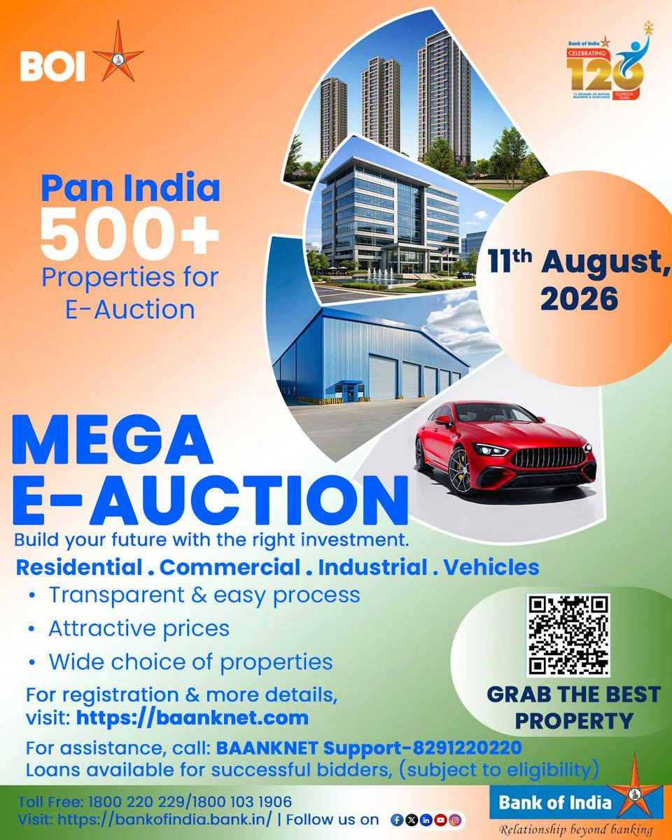 BankofIndia_IN's tweet photo. Explore residential, commercial and industrial properties across India, and bid online with ease from anywhere. Register today and take the next step toward owning the right property.
#BankOfIndia #BOI #MegaEAuction #OnlineAuction #PropertyInvestment @LtdPsb https://t.co/2lNu3R7EYt
