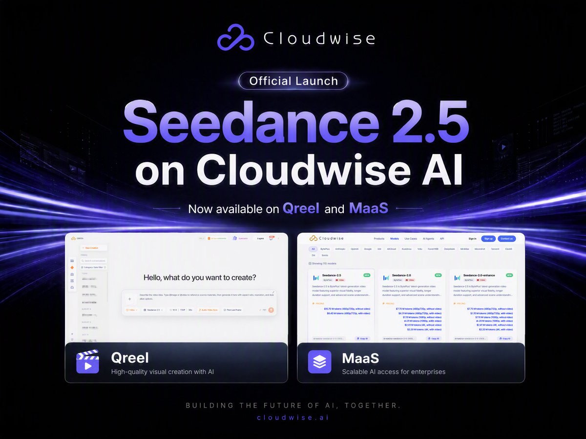 cloudwiseAI2026's tweet photo. Seedance 2.5 on Cloudwise AIOfficial Launch
Now available on Qreel and MaaS
Welcome to register and have a try, and feel free to contact us to get exclusive offers
Qreel:https://t.co/dDCKVMhxEA
MaaS:https://t.co/qCvQJIrS15
#Seedance #AI #GenerativeAI #CloudwiseAI #Qreel #MaaS https://t.co/uthPlDP5sy