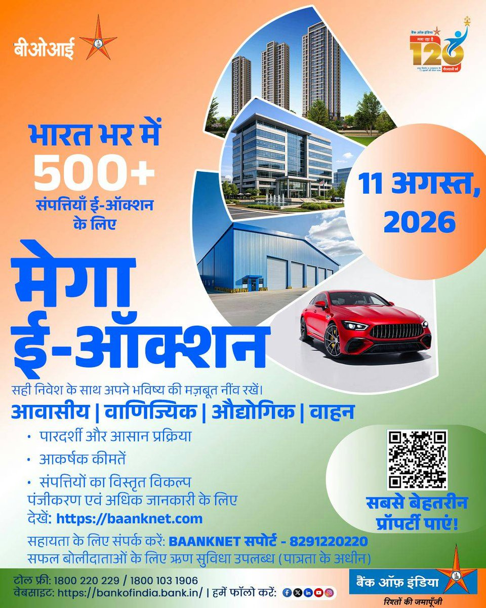 BankofIndia_IN's tweet photo. 11 अगस्त को बैंक ऑफ इंडिया की मेगा ई-ऑक्शन में देशभर ��ी आवासीय, वाणिज्यिक और औद्योगिक संपत्तियों पर ऑनलाइन बोली लगाएँ। आज ही पंजीकरण करें और अपनी पसंदीदा संपत्ति के स्वामित्व की ओर पहला कदम बढ़ाएँ।
#BankOfIndia #BOI #MegaEAuction #OnlineAuction #PropertyInvestment @LtdPsb https://t.co/3oN8hfIYJq