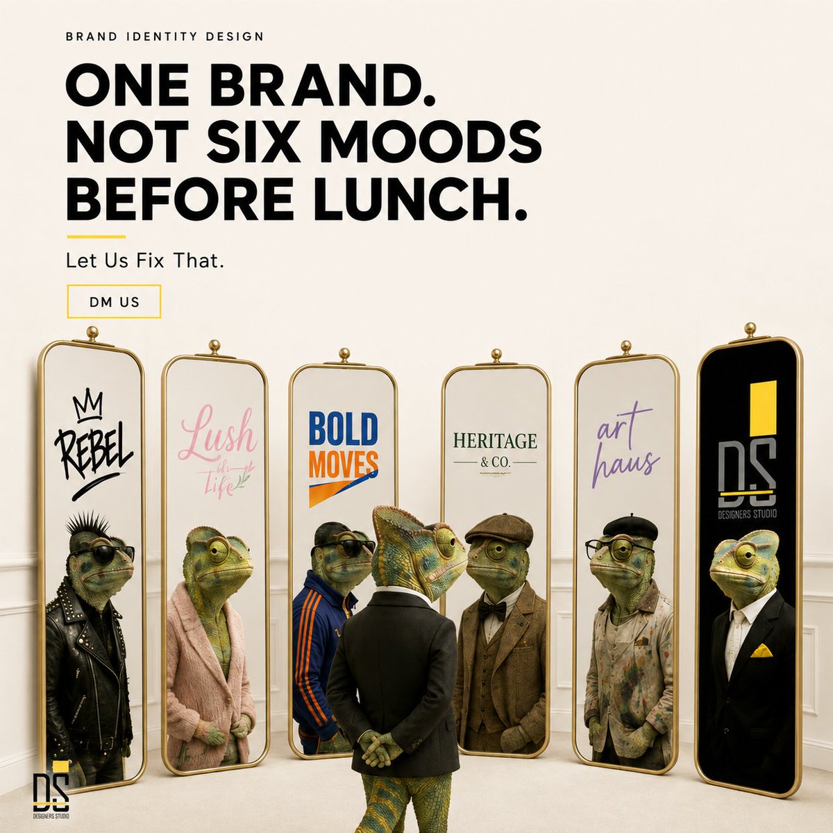 designersstudi4's tweet photo. One logo.
One visual language.
One recognizable personality.

Your brand does not need six different moods every time you create something new. 🦎

Consistency builds recognition.
Recognition builds trust.

One Brand. One Identity.

#BrandIdentity #Branding #LogoDesign #Design https://t.co/e5tFStCIQm