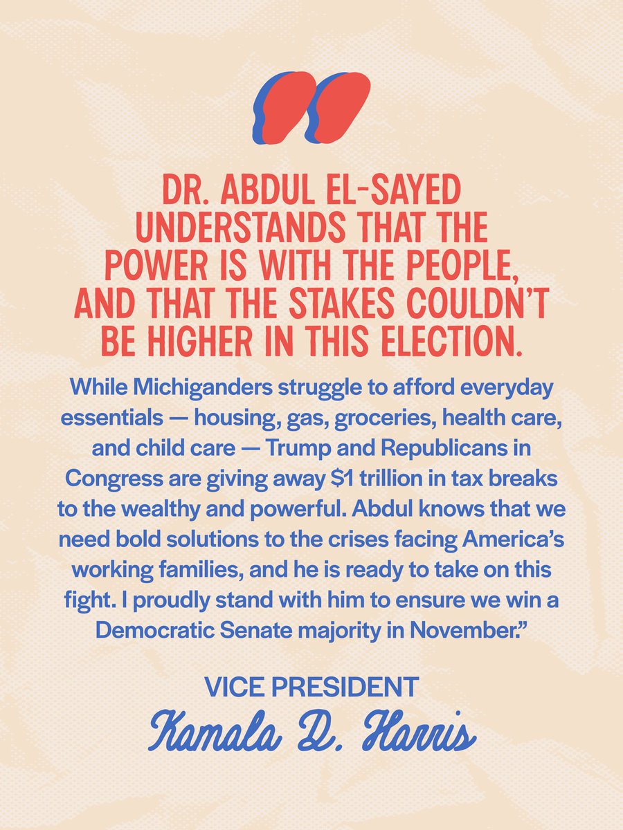 AbdulElSayed's tweet photo. Vice President @KamalaHarris understands the key role control of the US Senate plays in lowering prices for Michiganders and holding Trump accountable. To achieve a Senate majority in 2026, we need to win Michigan, and that means beating Mike Rogers. Trump and his allies prey on our divisions—which is why it’s so important to bring communities together right now. Her support in this race is critical to building an unstoppable coalition against Rogers, Trump, and their assault on our rights and democracy. Just like I stood with her in her effort to defeat Trump, I’m so humbled and grateful for her support in this race to defeat his minion Mike Rogers.