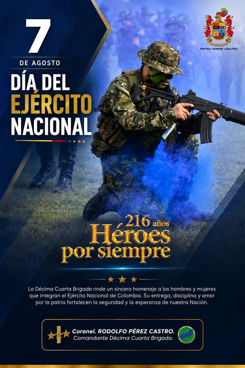 Ejercito_Div7's tweet photo. Desde la #Brigada14 rendimos homenaje a los 216 años de servicio de nuestro glorioso Ejército Nacional de Colombia, institución que ha forjado su historia con honor, sacrificio y vocación de servicio en defensa de la nación.

De manera especial, reconocemos la labor de nuestros soldados de la #Brigada14, quienes cumplen con determinación su misión en el Nordeste antioqueño, el Magdalena Medio antioqueño y Puerto Boyacá, Boyacá.

#DíaDelEjército
#PatriaHonorLealtad